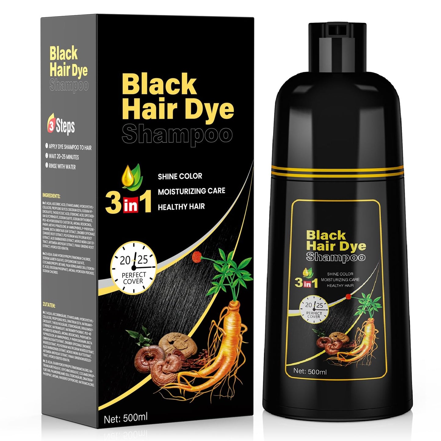 Black JUANCHI Black Hair Dye Shampoo 3 in1, Black Shampoo Hair Dye for Gray Coverage, Natural Hair Color for Women Men, Herbal Formula, Ammonia-free, Lasts 30 Days, 500ml (16.90 oz)