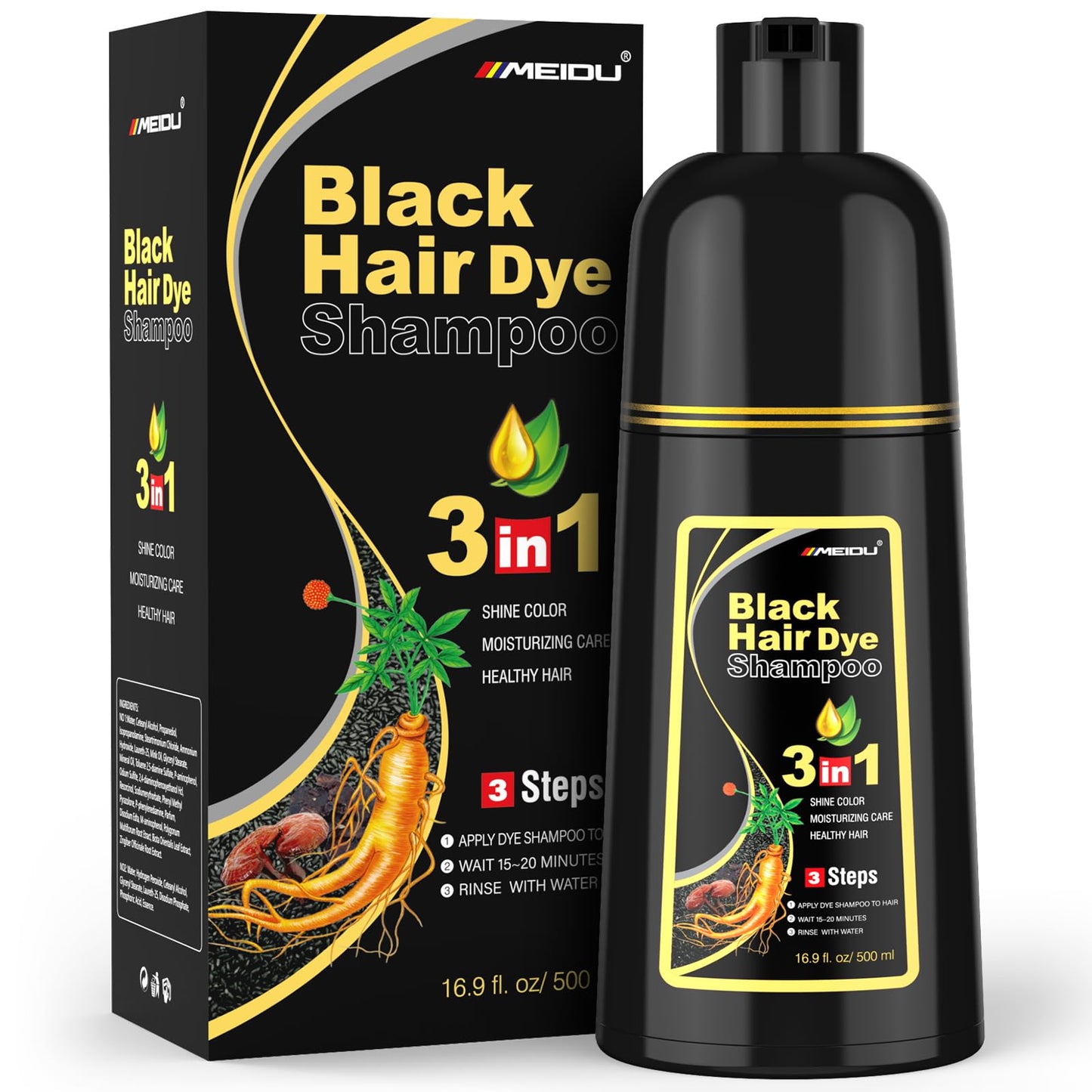 White Smoke MEIDU Black Hair Dye Shampoo 3 in 1 for Gray Hair, Black Hair Dye for Women Men, Hair Color for Women Herbal Ingredients Natural (500ml,16.9oz) (Black)