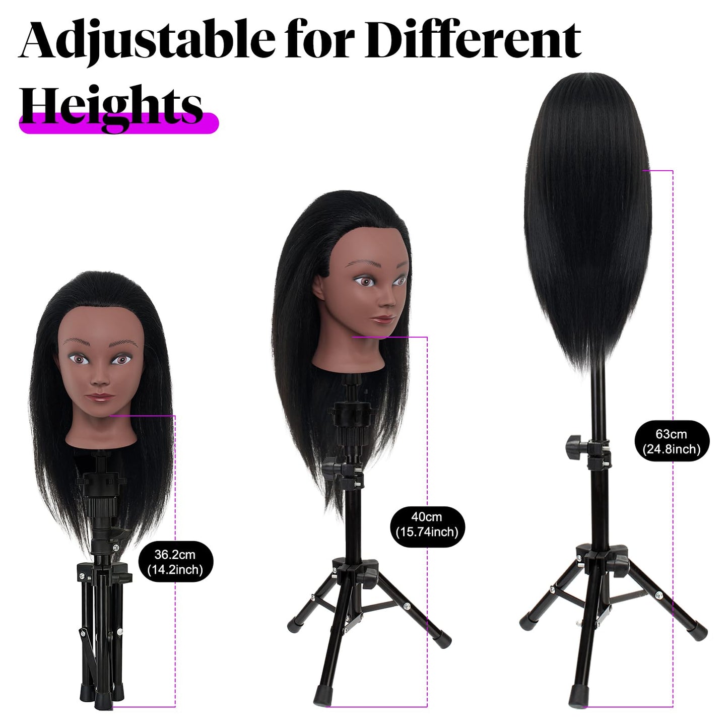 White Smoke 18" Mannequin Head Human Hair with Stand - 100% Real Human Hair Mannequin Head for Braiding, Cosmetology Manikin Doll Head for Hair Styling with Tripod Stand Table Clamp Hair Braiding Set,Black