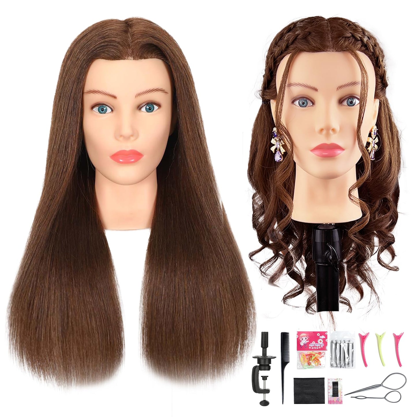 White Smoke Mannequin Head Human Hair - Cosmetology Manikin Doll Head with 100% Real Hair for Hairdresser Practice Styling Braiding & Free Clamp Holder (Dark Brown)
