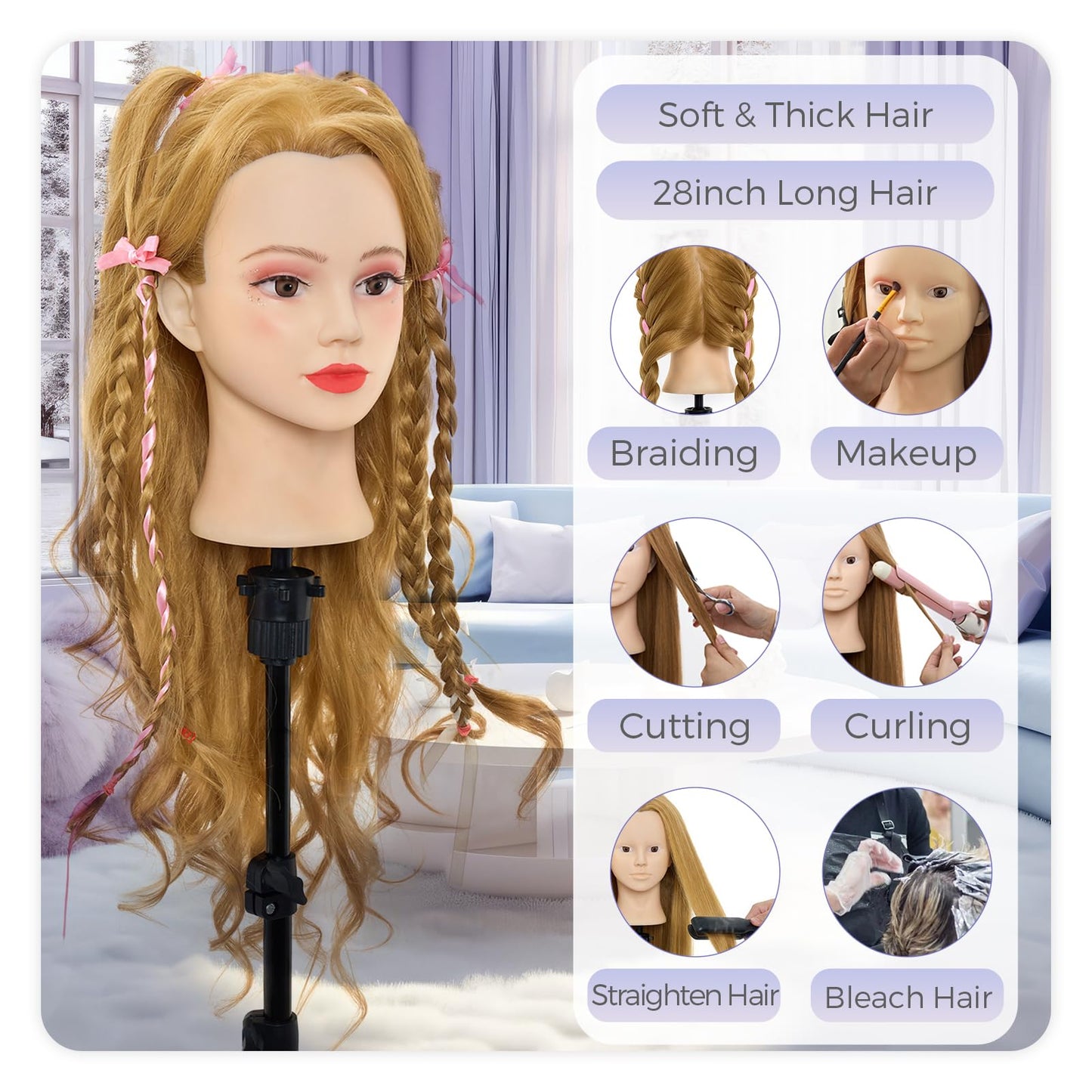 White Smoke Mannequin Head with 90% Real Human Hair - 28 Inch Makeup Cosmetology Manikin Doll Head for Hair Styling, Training Practice Braiding Mannequin Head with False Eyelashes Hair Styling Set