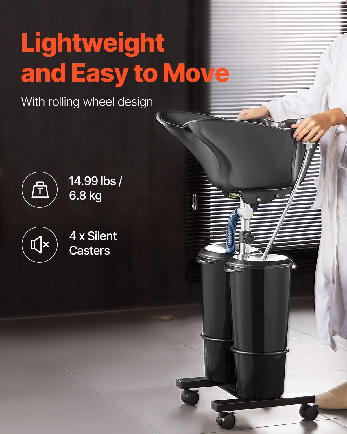 Black VEVOR Portable Shampoo Bowl, Shampoo Sink for Washing Hair with Electric Pump, Includes 2 Buckets 2 Showerheads, Drain Hose, Height and Angle Adjustable Portable Wash Bowl for Home Salon Use, Black