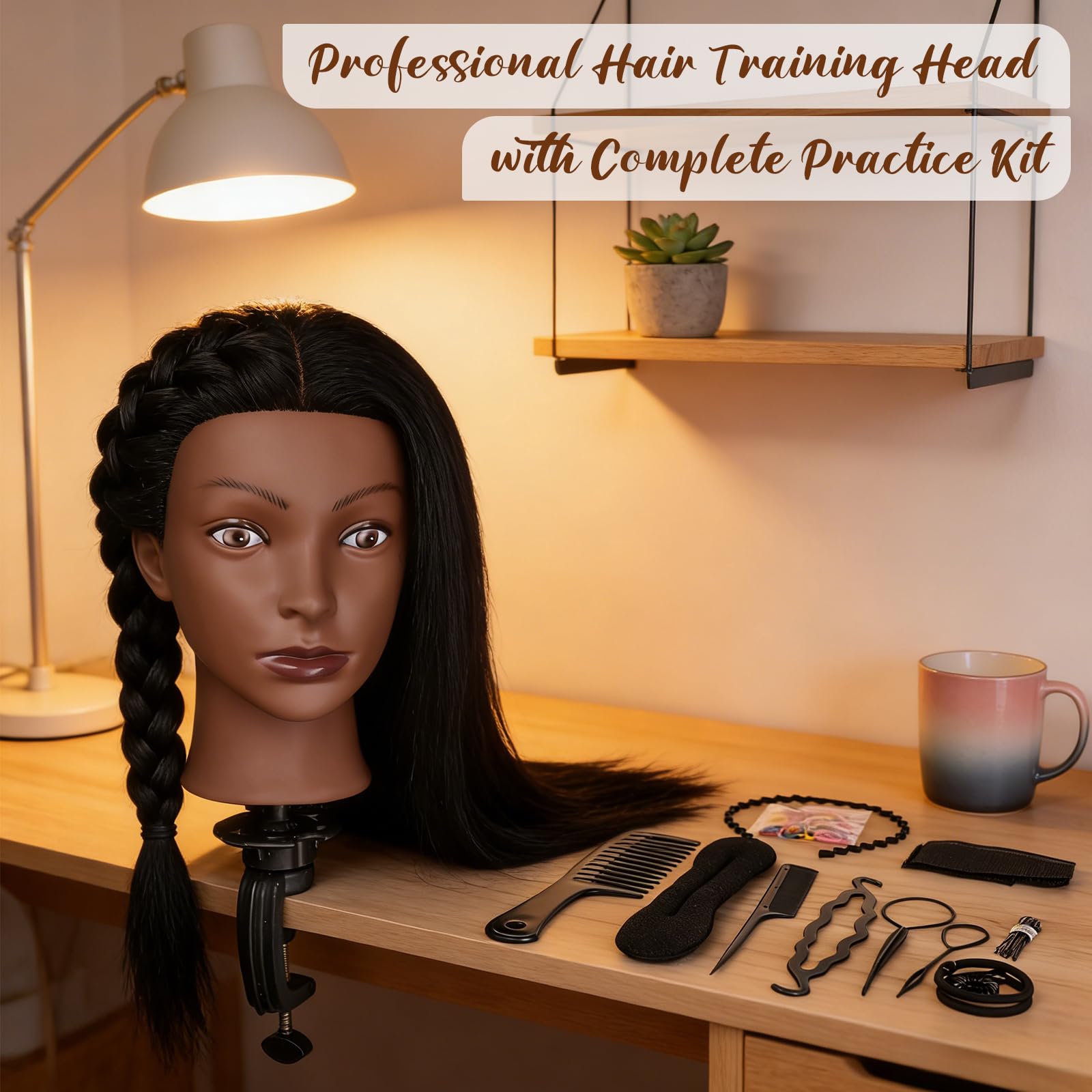 Black 18 Inch 100% Real Human Hair Mannequin Head, Cosmetology Manikin Head Training Doll Head for Hair Styling, Braiding, Curling Practice, with Table Clamp Holder & Complete Styling Tools Kit(Black)