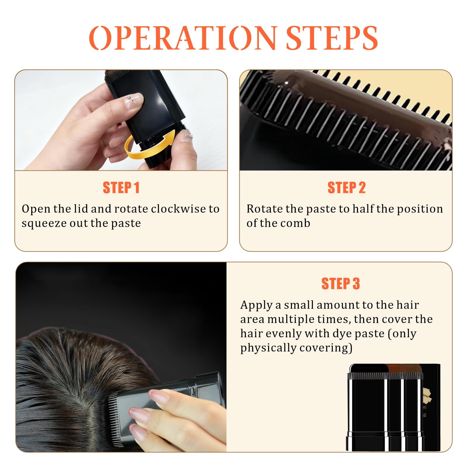 Seashell 3PCS 2 in 1 Instant Hair Color Stick, Waterproof and Sweat Proof Hair Dye Stick, Portable 3 Color Touch-Up Hair Sticks With Comb for Women Men