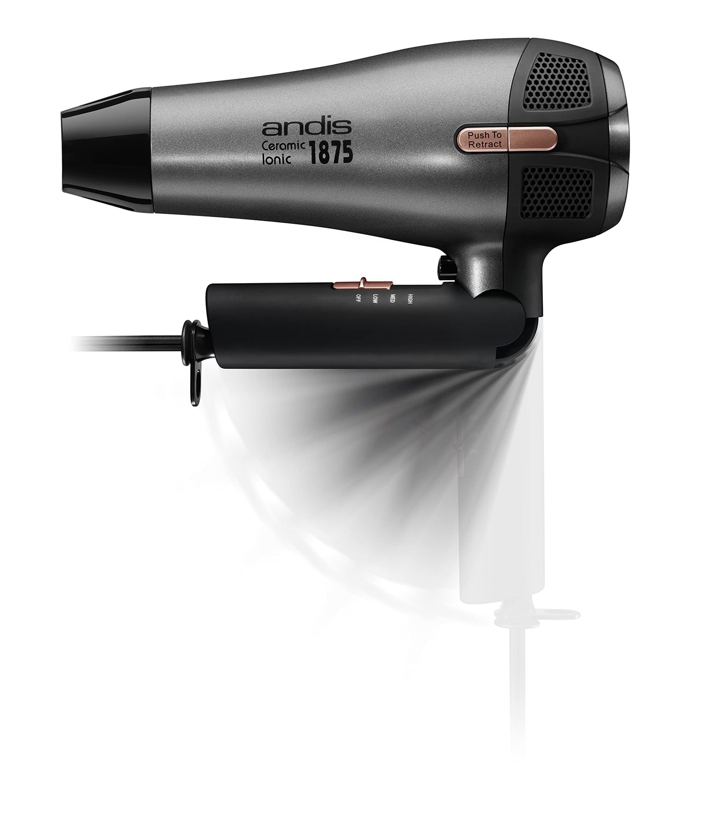 White Smoke Andis 80280 Fold-n-go 1875 Watt Ceramic Ionic Dryer, Retractable Cord, Lightweight with Professional Blowout Results, Quick Drying Blow Dryer, Black/Silver