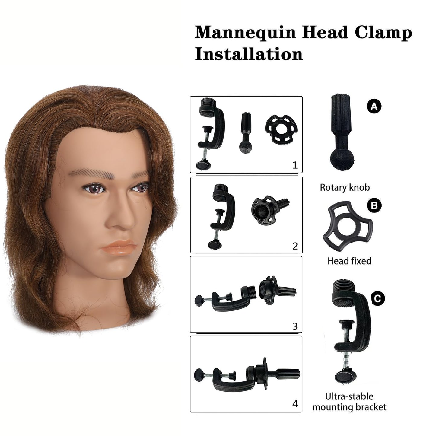 White Smoke TKIMHEQ 12" Male Mannequin Head with 100% Human Hair Haircut Training Head for Cosmetology Straight Thick Hair Manikin Head Doll Head with Stand Practice Cutting Styling (Brown#)