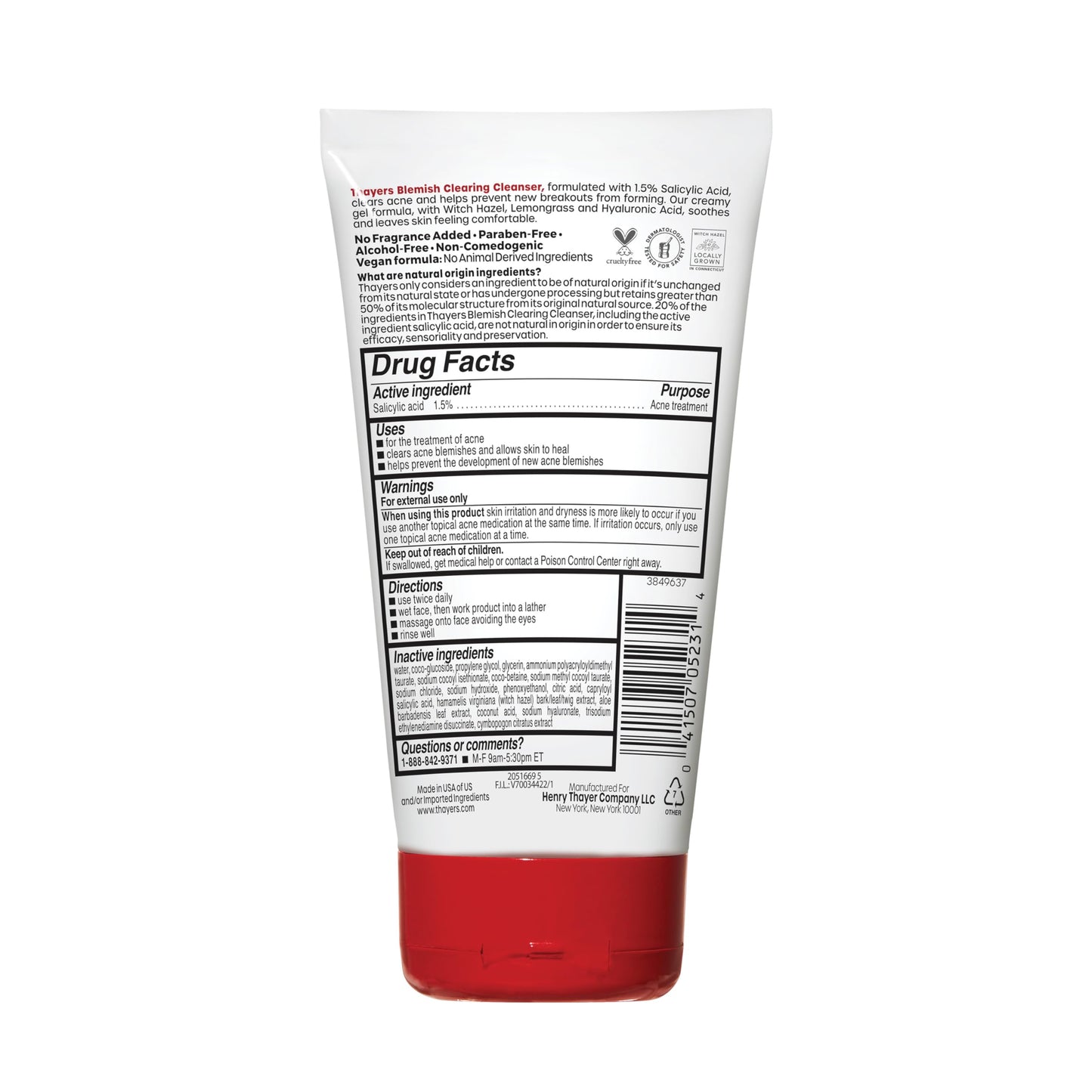 White Smoke THAYERS Blemish Clearing Face Cleanser with 1.5% Salicylic Acid, Acne Treatment Face Wash, Soothing and Non-Stripping Skin Care, 4.4 Fl Oz