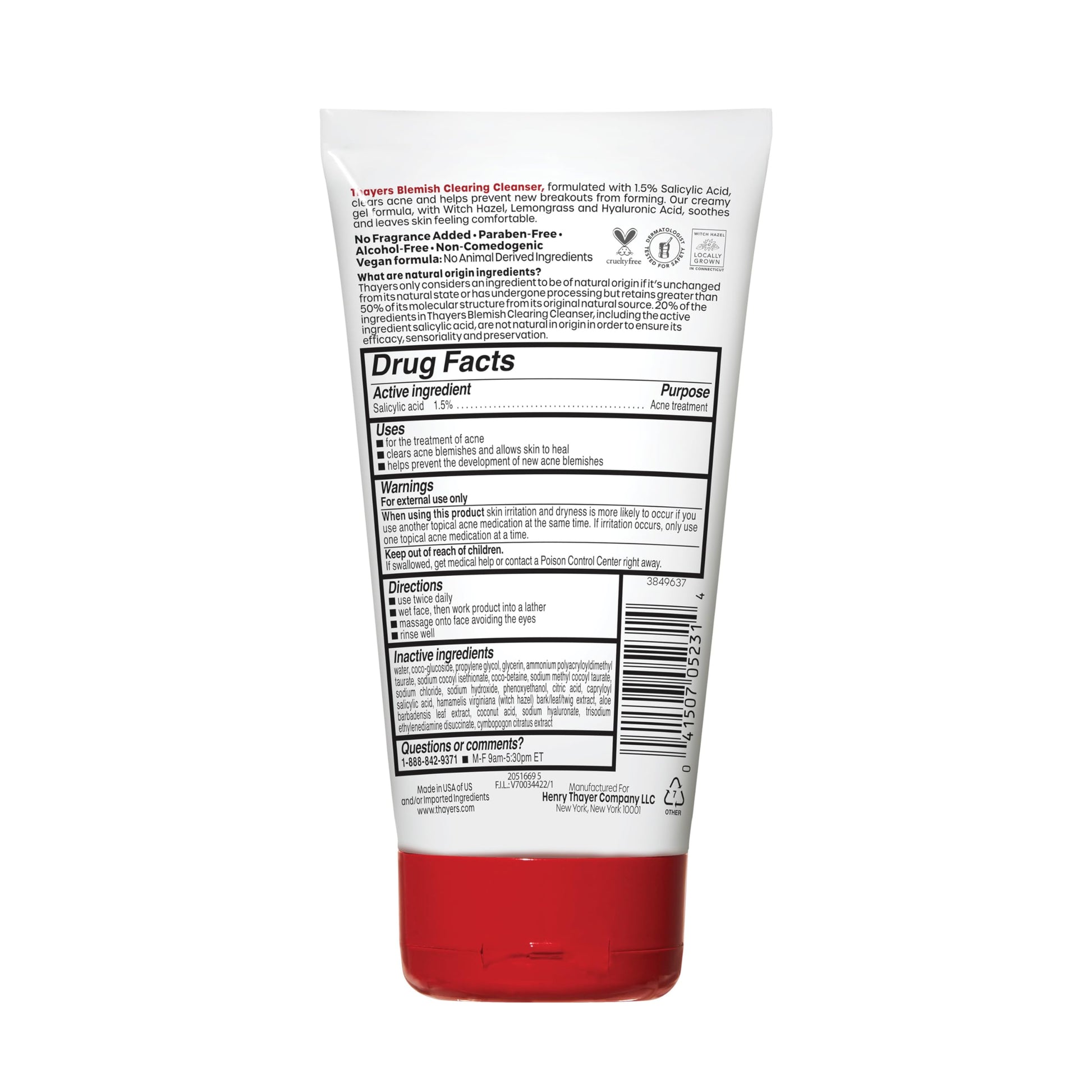 White Smoke THAYERS Blemish Clearing Face Cleanser with 1.5% Salicylic Acid, Acne Treatment Face Wash, Soothing and Non-Stripping Skin Care, 4.4 Fl Oz