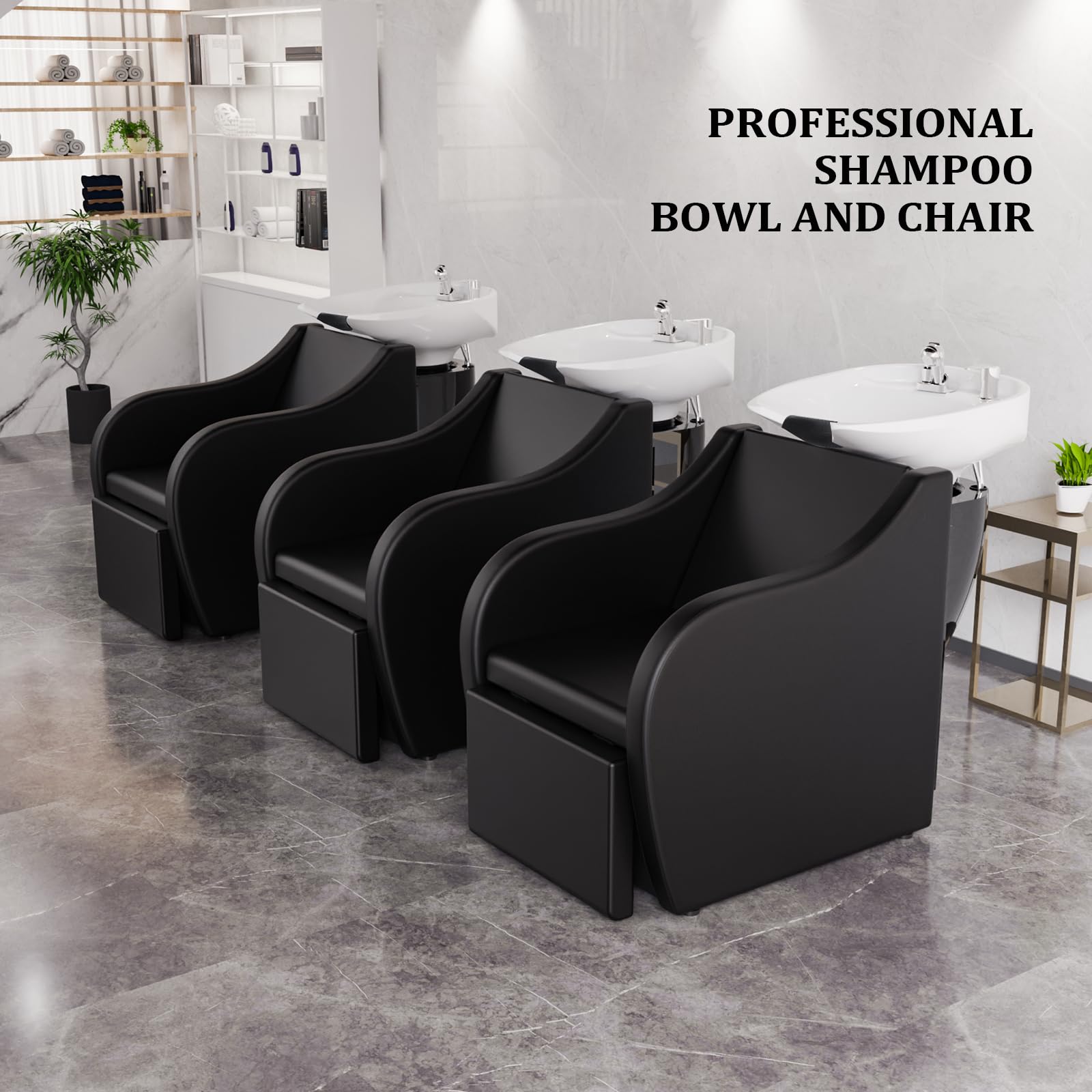 Gray OmySalon Shampoo Sink for Salon, Hair Wash Chair with White Porcelain Shampoo Bowl, Electric Shampoo Station Backwash Barber Chair, Beauty Spa Massage Hairdressing Equipment