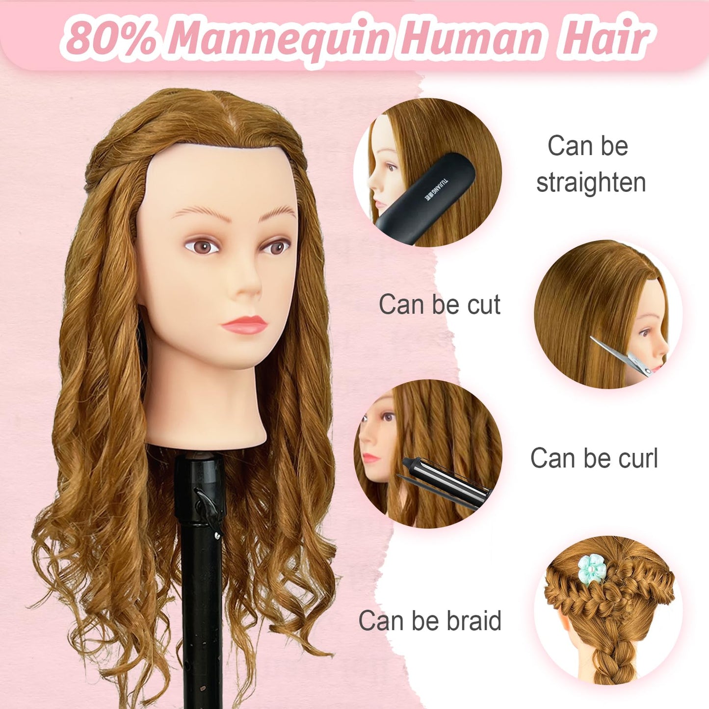 White Smoke ZOMOI Mannequin Head, Mannequin Head Human Hair, 80% Real Hair for Hairdresser Practice Cutting Braiding Hair Styling with Clamp Holder and Tools