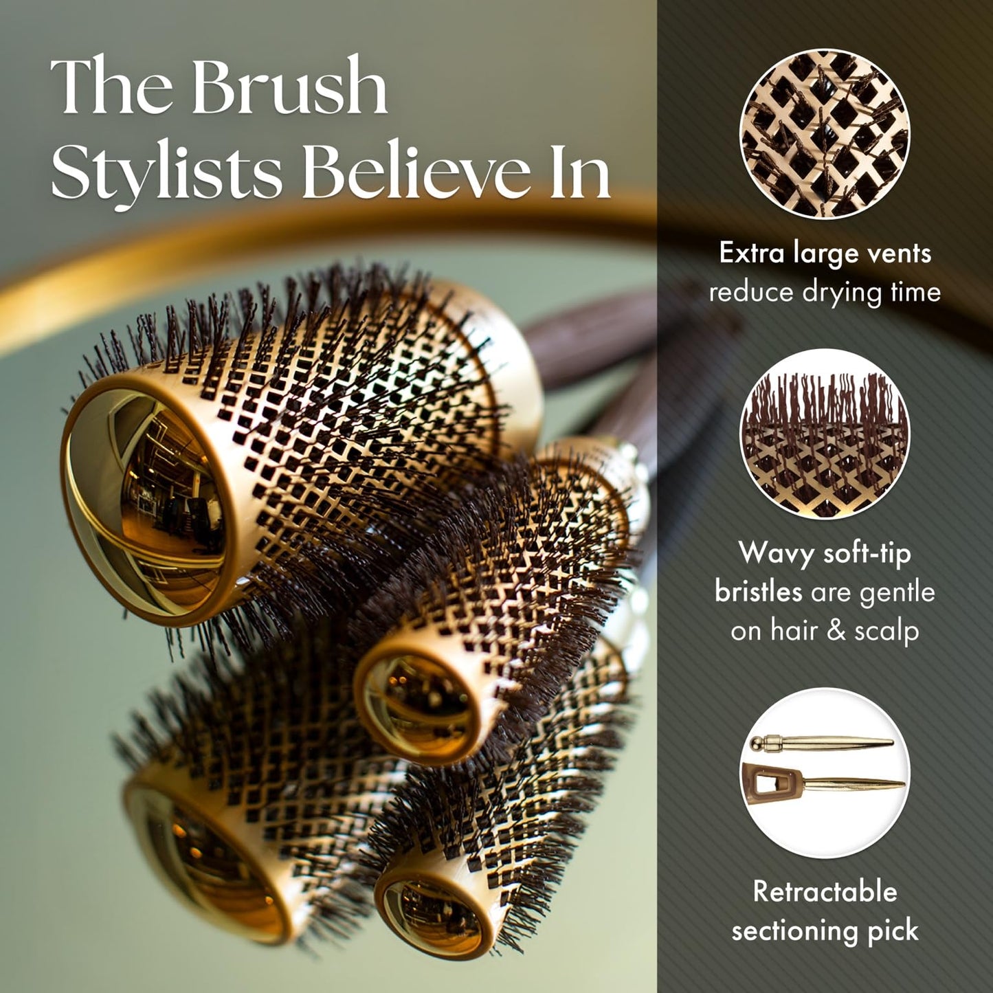 Dark Slate Gray Olivia Garden NanoThermic Ceramic + Ion Round Thermal Hair Brush - Not Electrical - Professional Blowout Brush for Normal to Thick Hair, 85-39TF-P2QB 4 Piece
