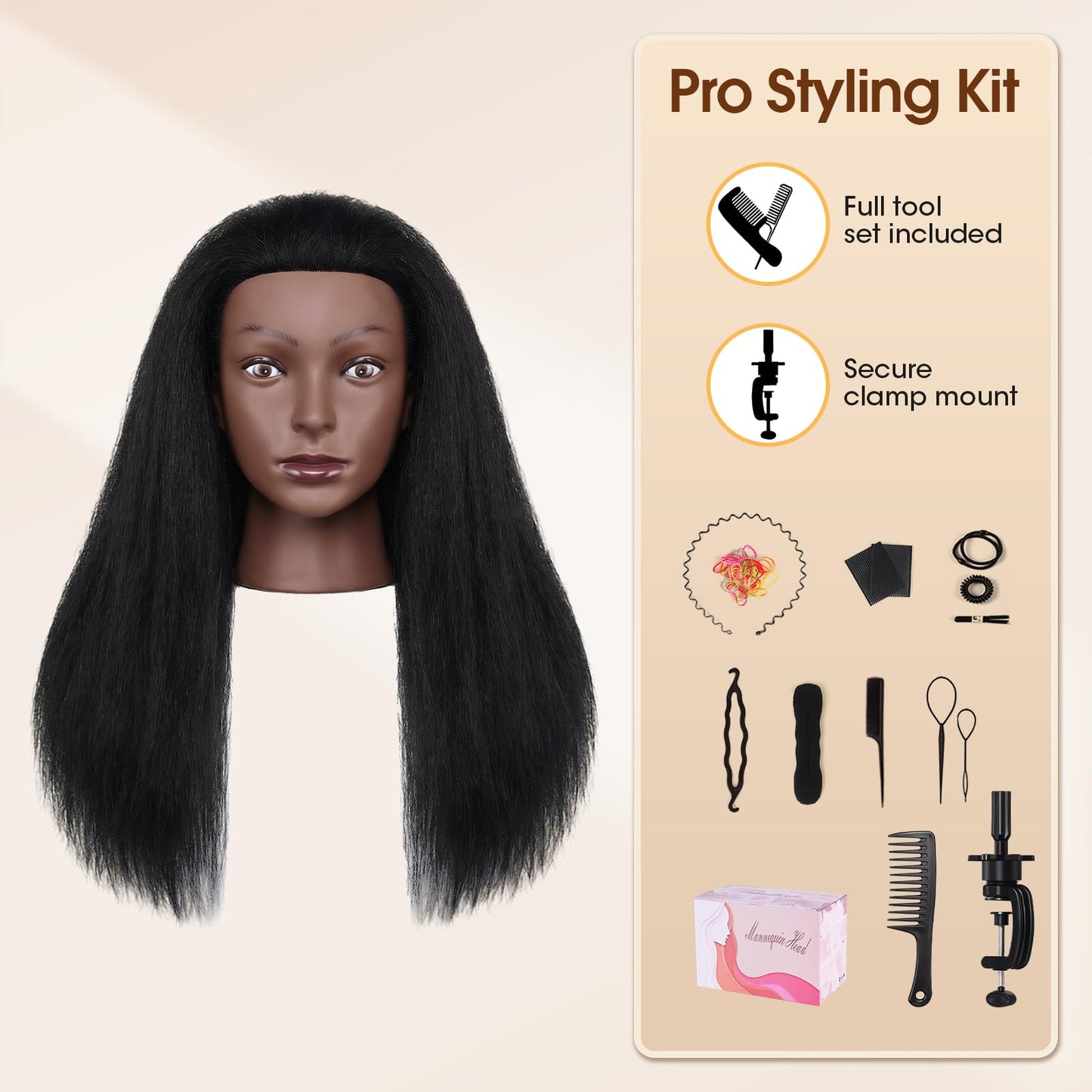 Misty Rose 18 Inch 100% Real Human Hair Mannequin Head, Cosmetology Manikin Head Training Doll Head for Hair Styling, Braiding, Curling Practice, with Table Clamp Holder & Complete Styling Tools Kit(Black)