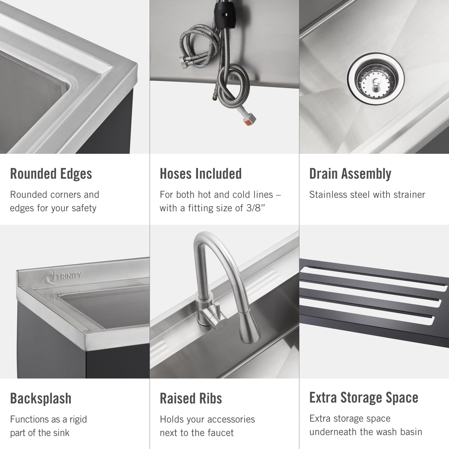 White Smoke TRINITY 36-Inch Freestanding Stainless Steel Utility Sink, NSF Commercial Sink for Laundry Room, Restaurant Kitchen Prep, Garage, Shop, Food Truck, Dog Wash, With Hot/Cold Pull-Out Faucet, Black