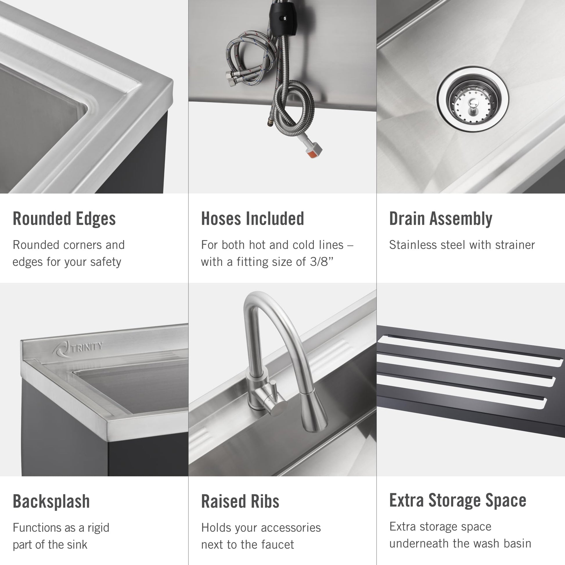 White Smoke TRINITY 36-Inch Freestanding Stainless Steel Utility Sink, NSF Commercial Sink for Laundry Room, Restaurant Kitchen Prep, Garage, Shop, Food Truck, Dog Wash, With Hot/Cold Pull-Out Faucet, Black