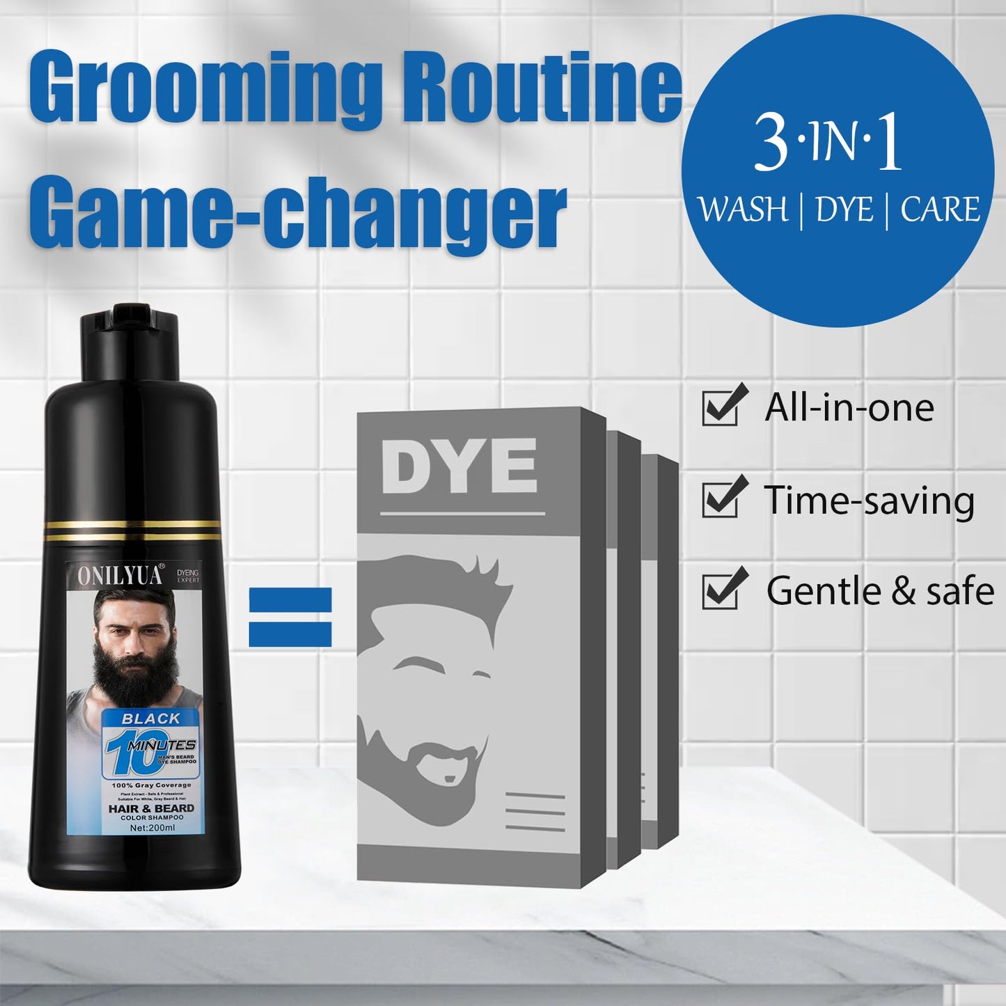 Lavender Men's 3-in-1 Black Beard & Hair Dye Shampoo, Instant Grey Darkening Beard Color Shampoo in 10 Minutes, Simpler Gray Reducing Mustache & Beard Dye for Men, with Plant Extract for Healthy Facial Hair