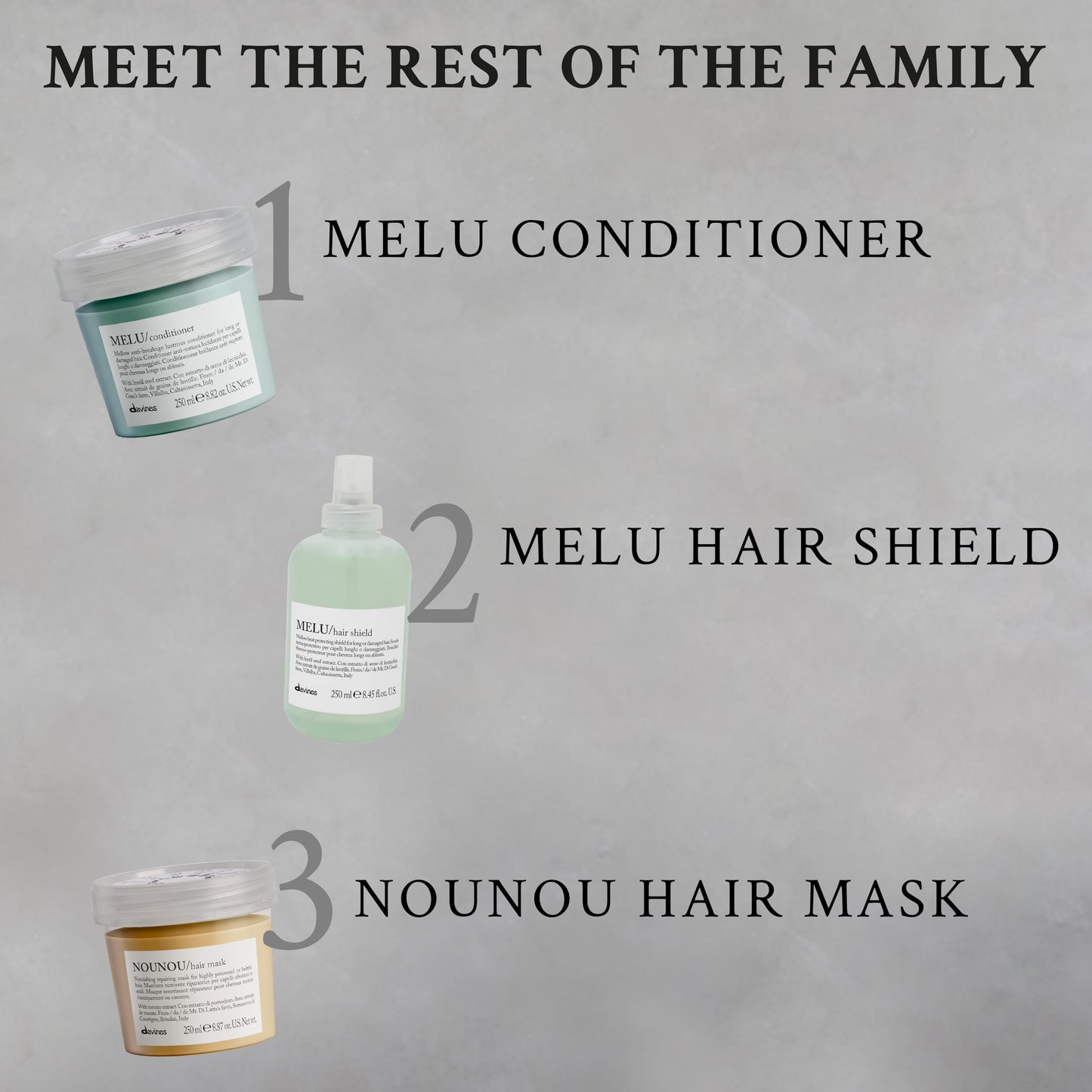 Gray Davines MELU Shampoo, Elasticizing Anti-Breakage Gentle Cleansing Action for Long or Damaged Hair - Gives Lustrous, Reinforced, Shiny, and Soft Strands with Villalba Lentil Seeds, 8.45 Fl Oz