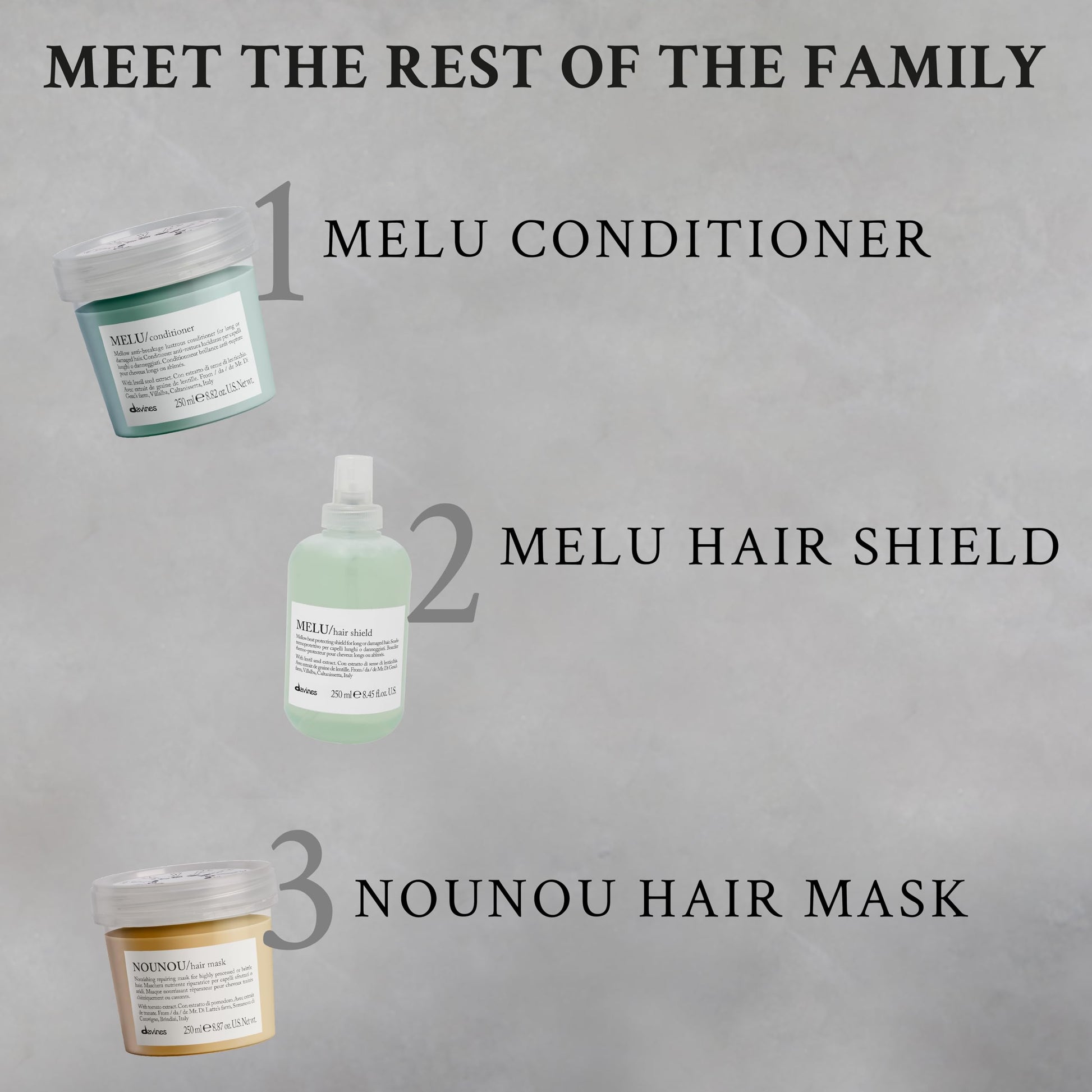 Gray Davines MELU Shampoo, Elasticizing Anti-Breakage Gentle Cleansing Action for Long or Damaged Hair - Gives Lustrous, Reinforced, Shiny, and Soft Strands with Villalba Lentil Seeds, 8.45 Fl Oz