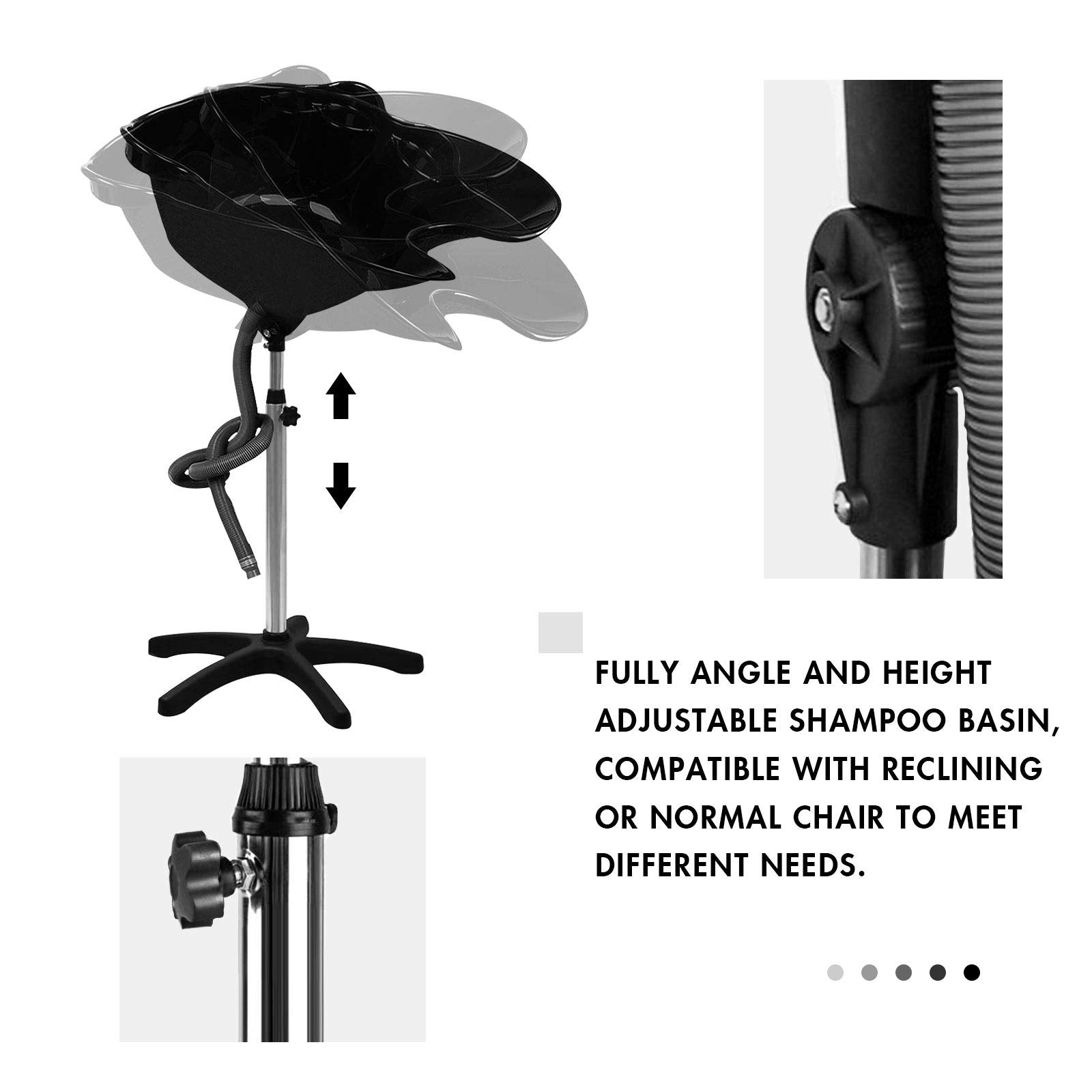 White Smoke Giantex Shampoo Bowl with Height Adjustable Stand, Drain Hose, Portable Shampoo Sink for Washing Hair, Standing Salon Deep Shampoo Basin for Older Clients Kids Beauty Barber Stylist, Black