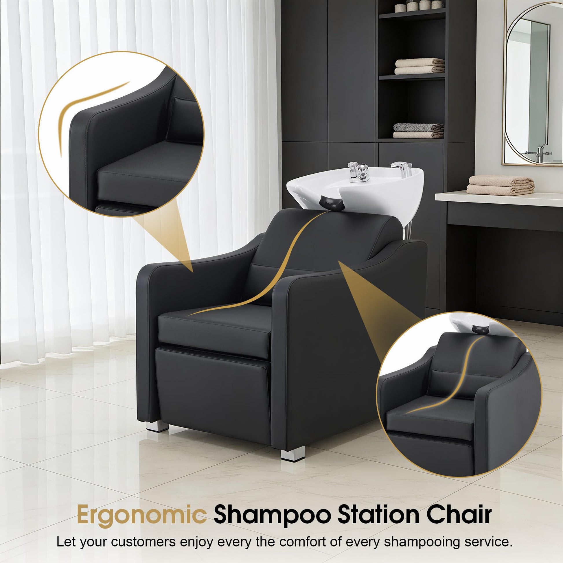 Lavender BarberPub Backwash Shampoo Station Chair, Adjustable Porcelain Ceramic Hair Wash Bowl with Chair, Shampoo Station for Barber Shop, Spa Beauty Salon Equipment 9364 (Black)