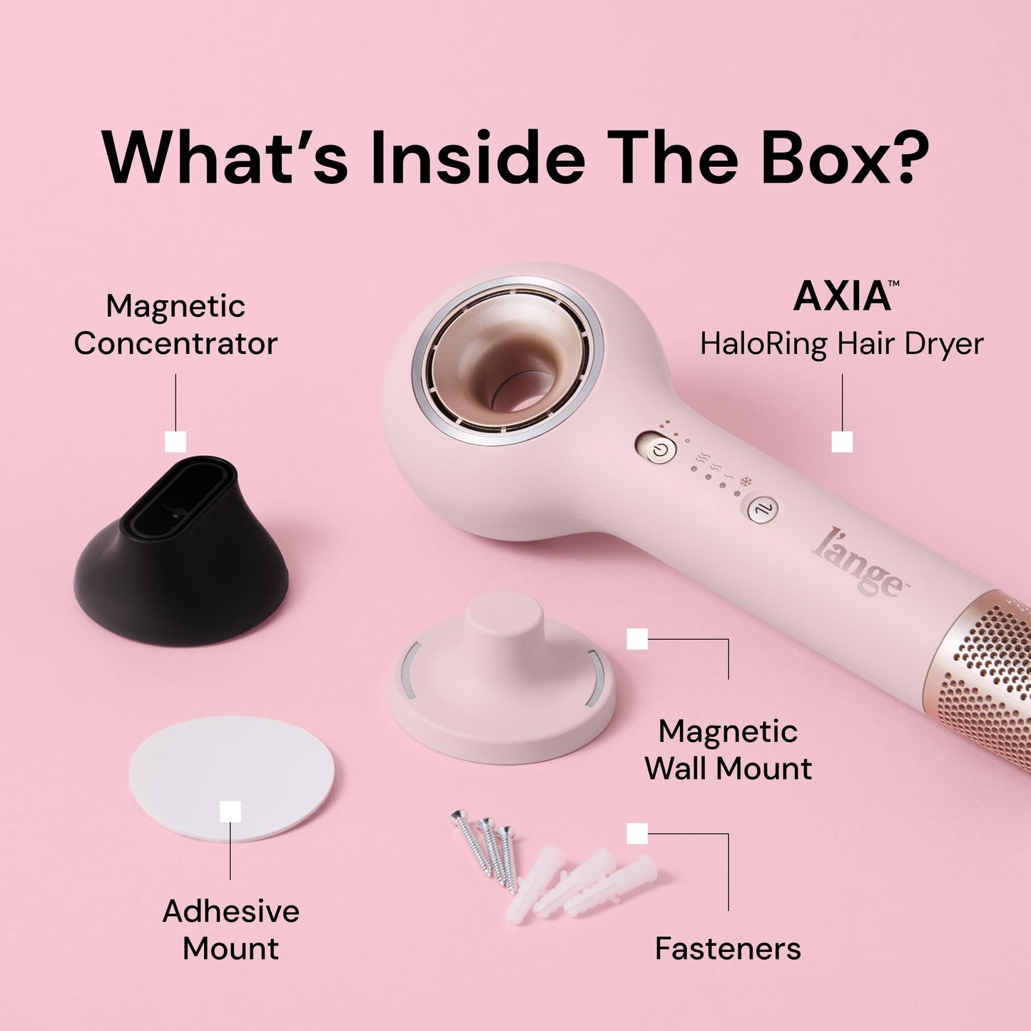 Pink L’Ange Hair Axia HaloRing Ionic Hair Dryer | High Speed Professional Blow Dryer for Smooth, Frizz-Free Styles | Lightweight Brushless Motor with Concentrator & Wall Mount | 4 Heat Settings | Blush
