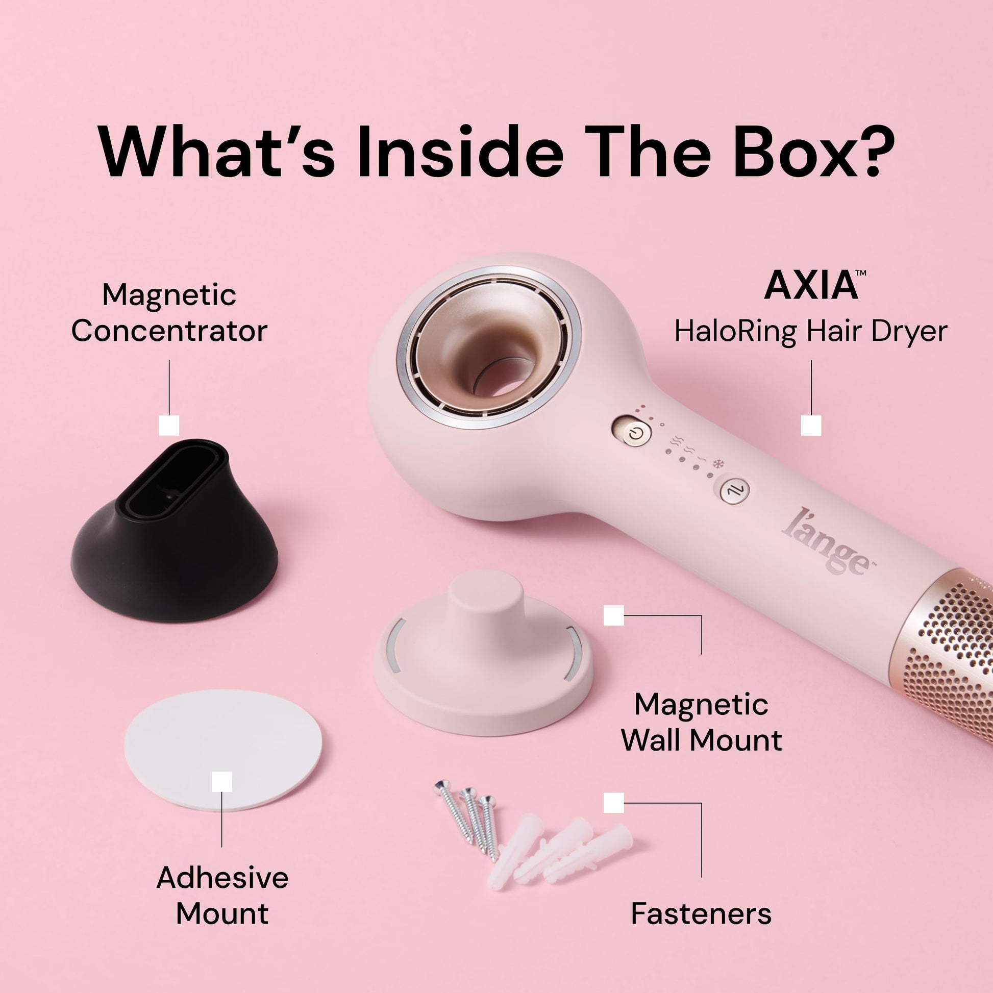 Pink L’Ange Hair Axia HaloRing Ionic Hair Dryer | High Speed Professional Blow Dryer for Smooth, Frizz-Free Styles | Lightweight Brushless Motor with Concentrator & Wall Mount | 4 Heat Settings | Blush