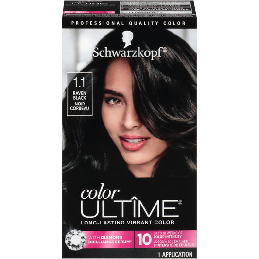 Black Schwarzkopf Color Ultime 1.1 Raven Black Hair Dye, Permanent Intense Black with Diamond Brilliance, Fade-Resistant, Covers Grays, All Hair Textures