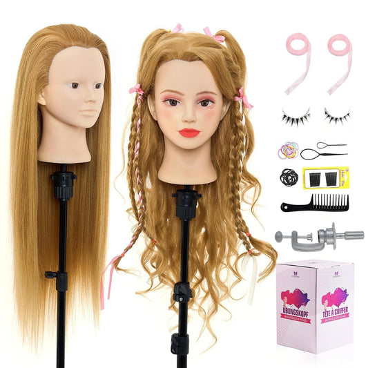 White Smoke Mannequin Head with 90% Real Human Hair - 28 Inch Makeup Cosmetology Manikin Doll Head for Hair Styling, Training Practice Braiding Mannequin Head with False Eyelashes Hair Styling Set