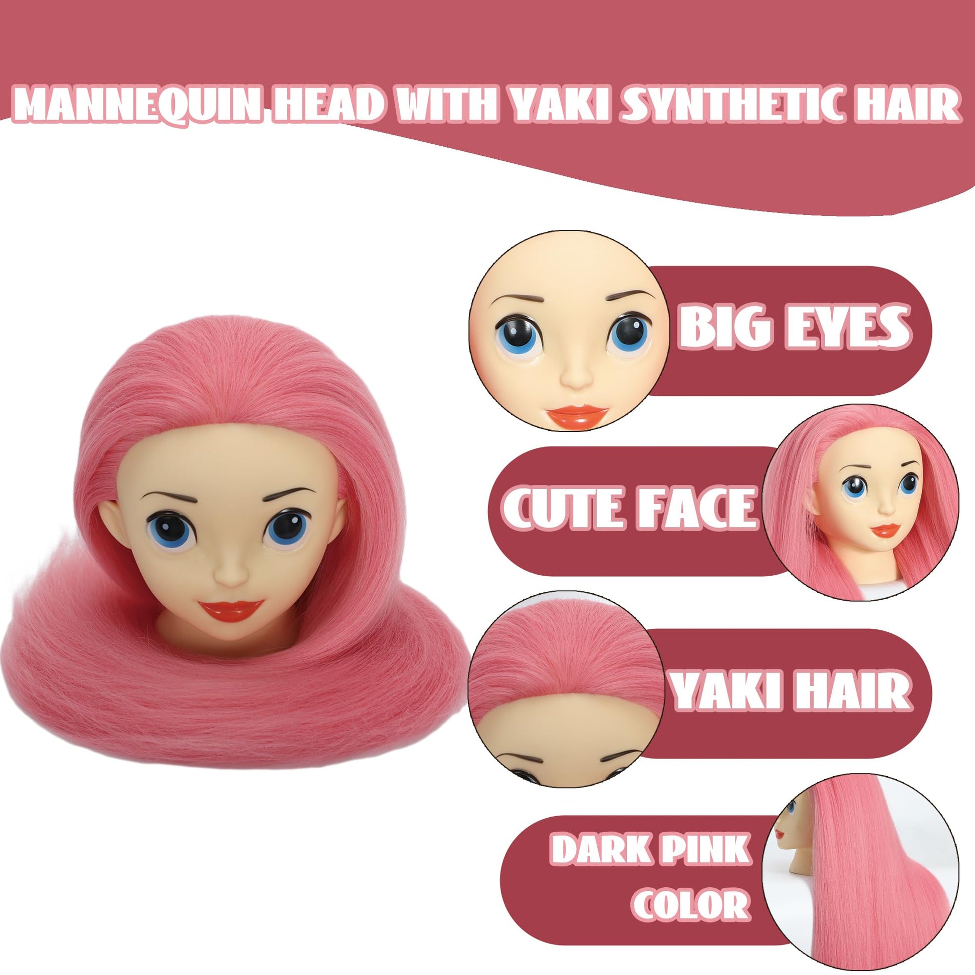 White Smoke TKIMHEQ Mannequin Head with Hair 24'' Doll Head for Hair Styling Training Head Manikin Practice Cosmetology Doll Head Styling Hairdressing Training Braiding Heads with Clamp Holder (Dark Pink)
