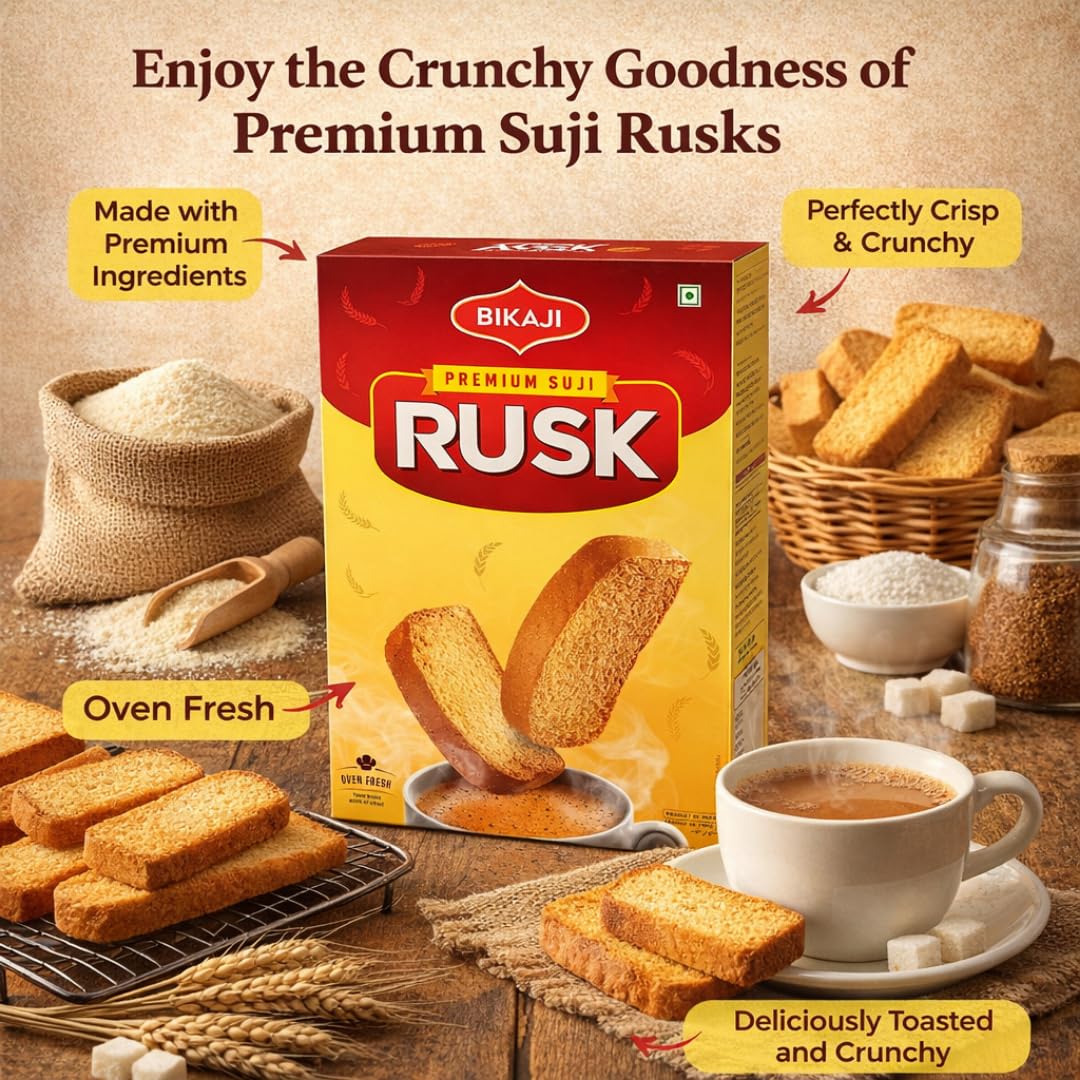 Wheat Bikaji Premium Suji Rusk 21.16 oz (600g), Crispy Semolina Toast, Golden Suji Rusk Biscuit, Indian Tea-Time Snack, Everyday Chai Snack, Ready-to-Eat Toasted Biscuit