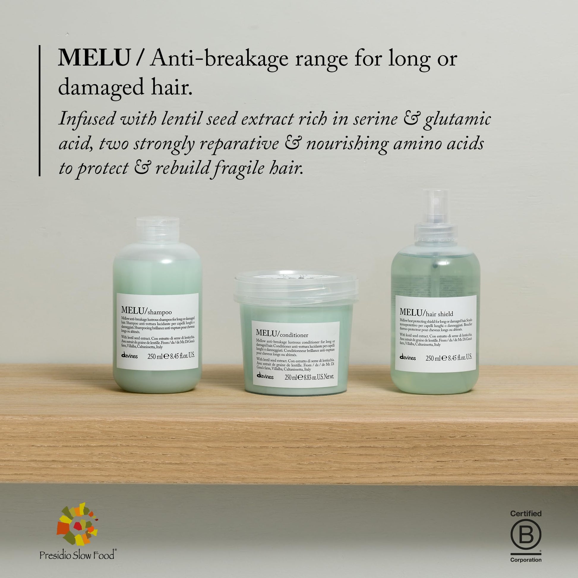 Gray Davines MELU Shampoo, Elasticizing Anti-Breakage Gentle Cleansing Action for Long or Damaged Hair - Gives Lustrous, Reinforced, Shiny, and Soft Strands with Villalba Lentil Seeds, 8.45 Fl Oz