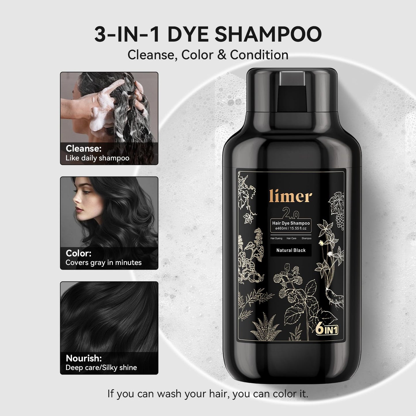 Lavender Limer Black Hair Dye Shampoo for Gray Hair, 3-in-1 Color Shampoo, 6 Herbal Extracts, 100% Grey Coverage, Non-Staining, 6-8 Weeks Lasting, for Women & Men, Shampoo para Pintar el Cabello, 460ml
