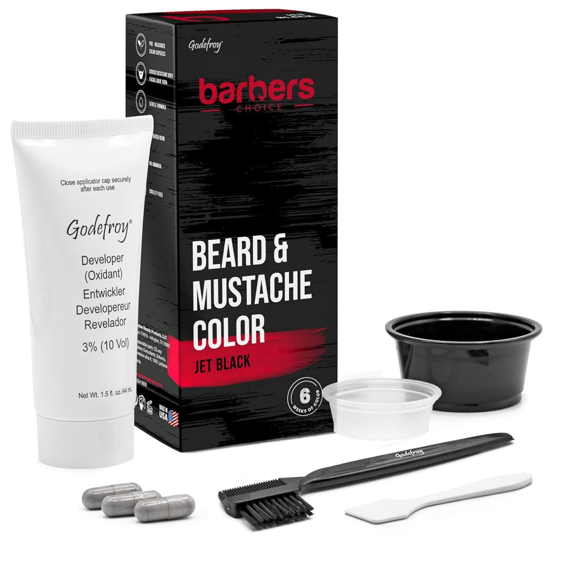 White Smoke Godefroy Barbers Choice 3 Application Beard and Mustache Dye For Men, 6 weeks of Cover For Gray Facial Hair, Jet Black