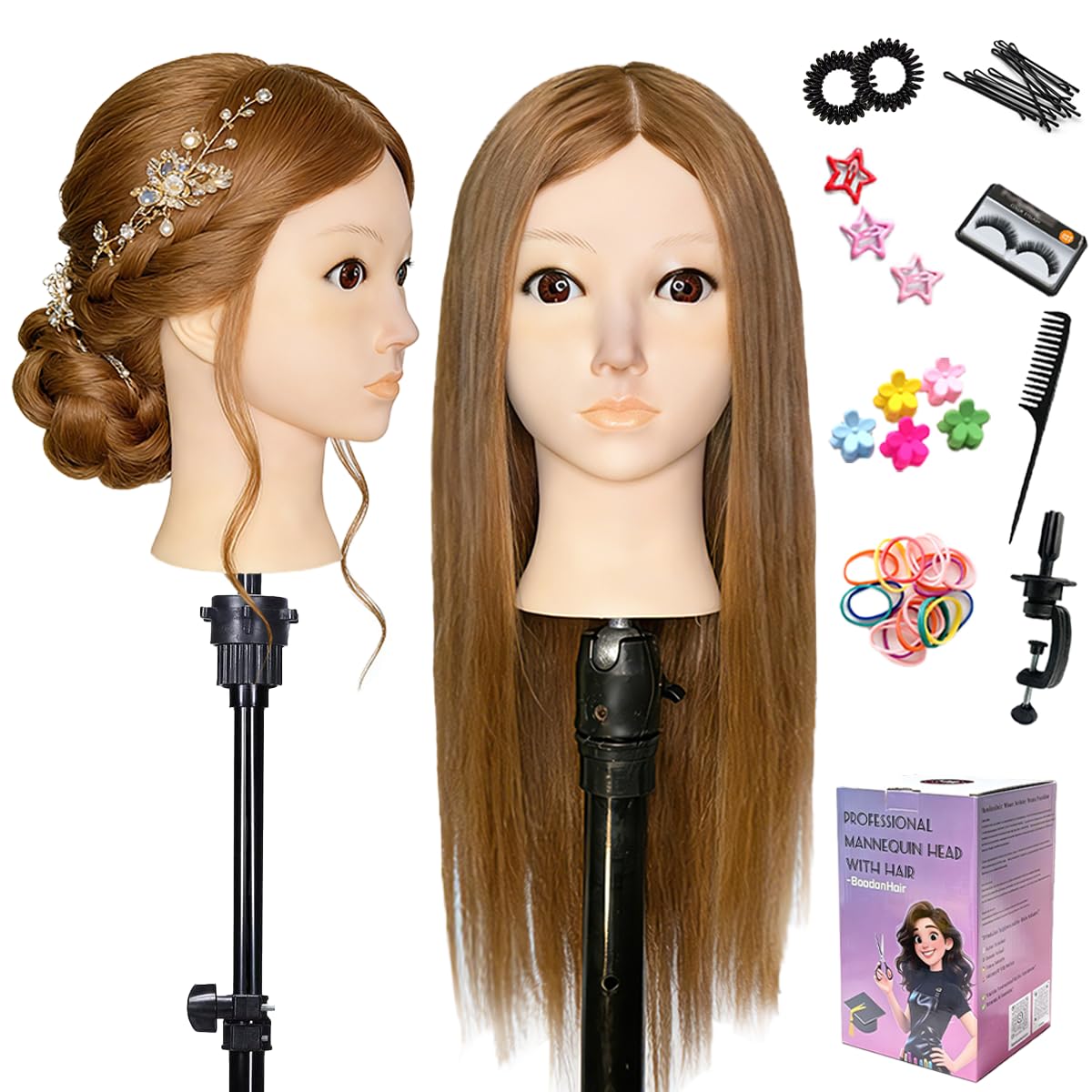 White Smoke Mannequin Head Human Hair For Braiding，Straight 22Inch Doll Head for Cosmetology & Hairdresser with Stand (Golden)