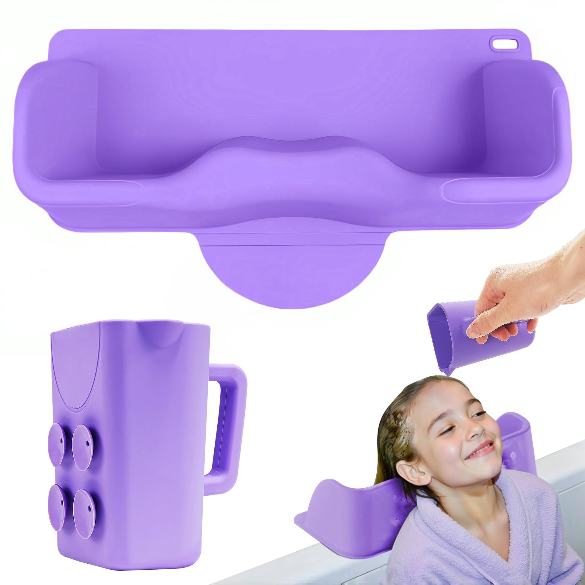 White Smoke Portable Hair Washing Station for Kids, Toddlers, Children, Teens, Silicone Hair Washing Basin for Sink or Bathtub, Tear-Free Shampoo Bowl with Rinser Cup, Neck Support for Kids, Purple