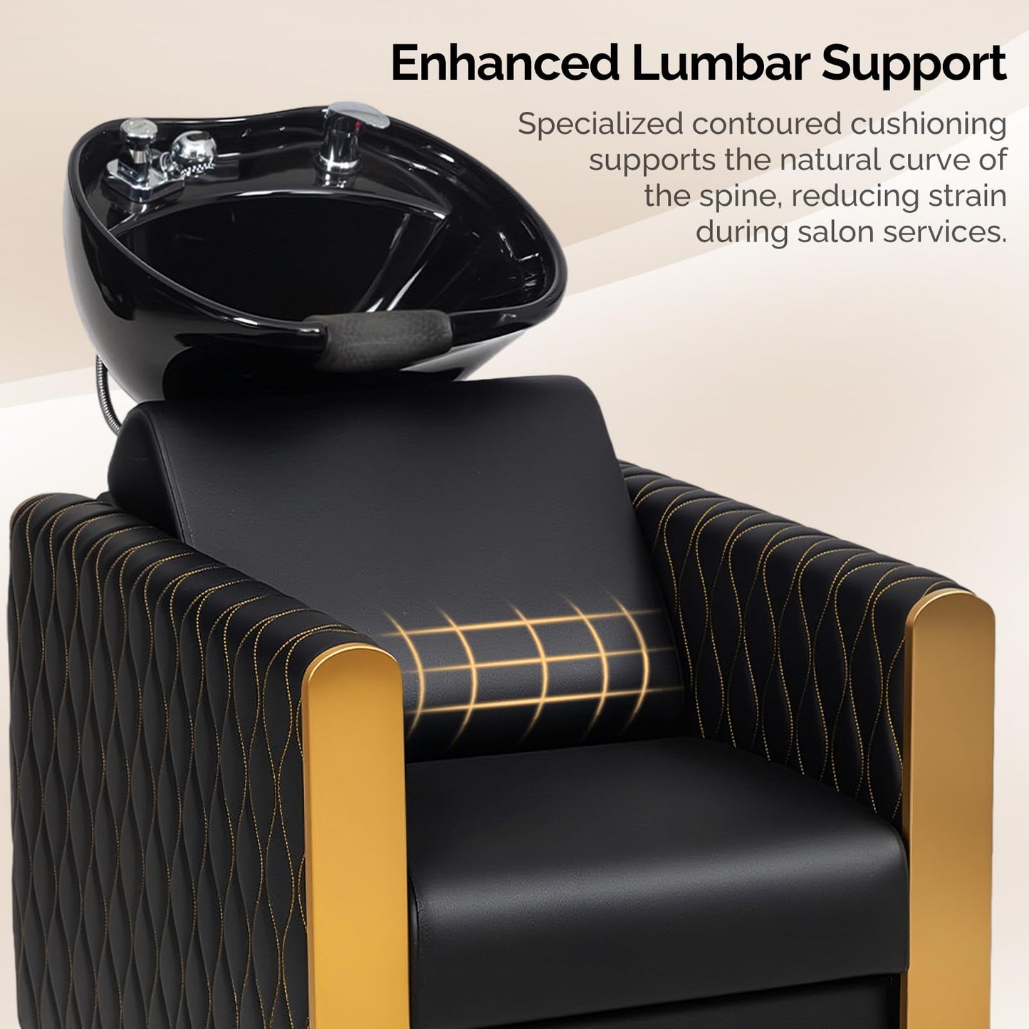 Dark Slate Gray OmySalon Shampoo Bowls for Salon, Black and Gold Shampoo Chair with Tilting Porcelain Sink, Hair Washing Station Backwash Barber Chair, Shampoo Unit for Beauty Spa Barbershop