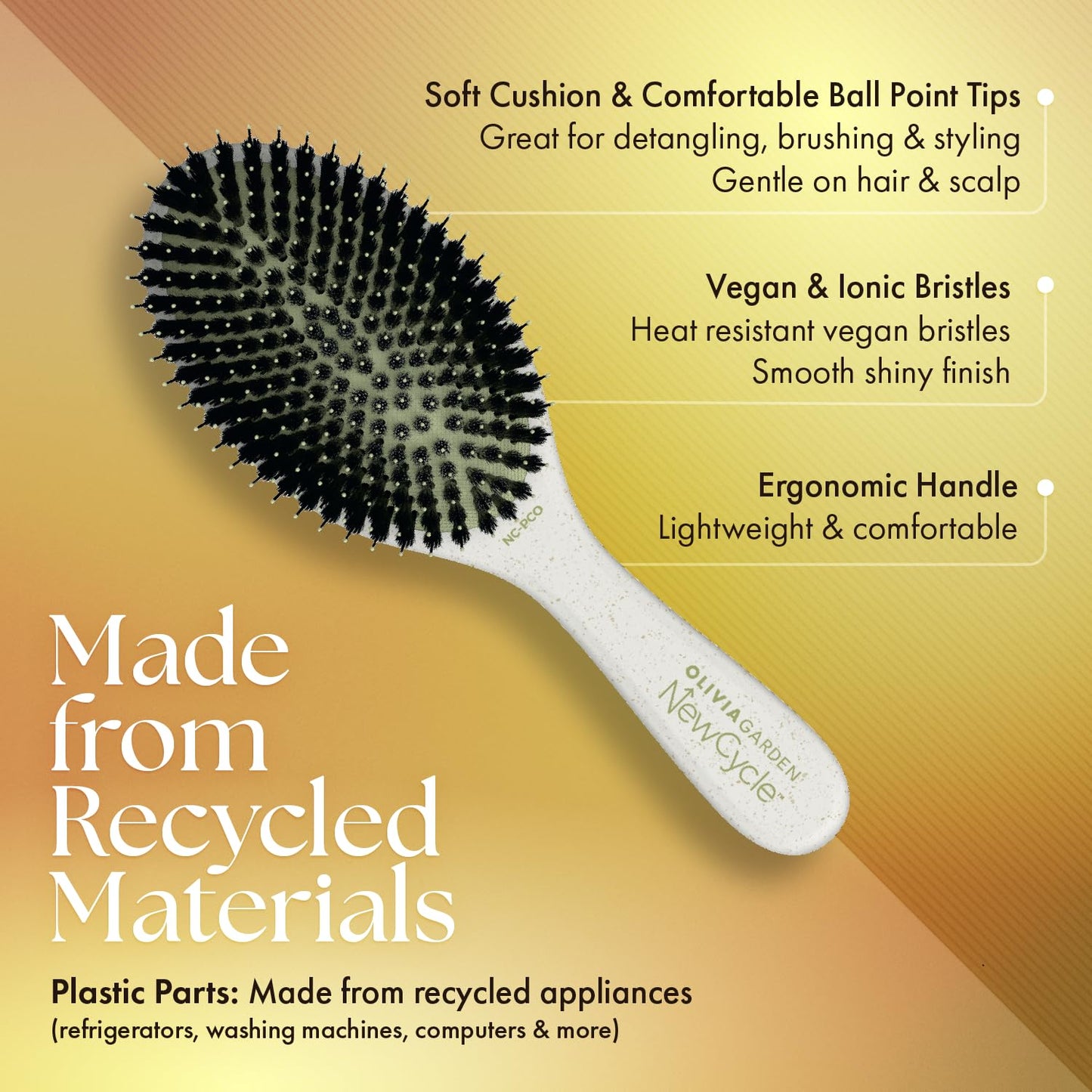 Sandy Brown Olivia Garden NewCycle Ionic bristles Cushion Hair Brush and made from 100% recycled material (except bristles and cushion)