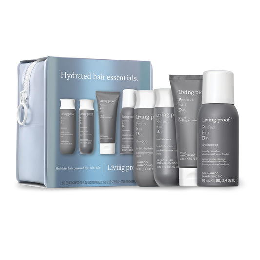 White Smoke Living Proof Hydrated Hair Essentials Kit - Includes Travel Size Perfect hair Day Shampoo, Conditioner, 5-in-1 Styling and Dry Shampoo ($74 value)