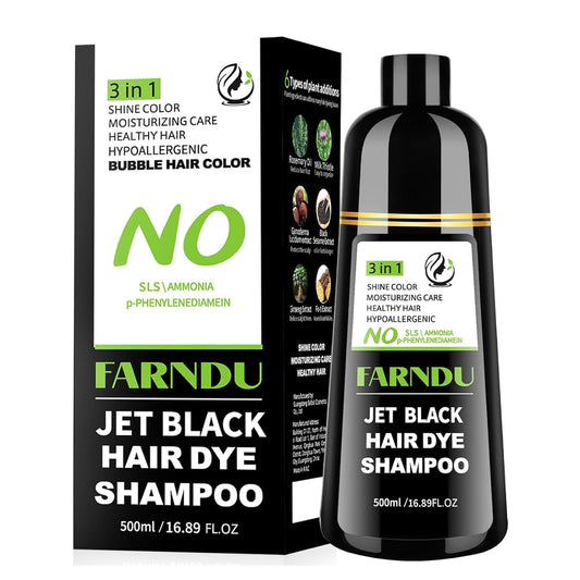 Black Farndu Jet Black Hair Dye Shampoo Ammonia-free & PPD-free, Gray Hair Coverage Natural Herbal 3 in 1 Hair Color Shampoo for Women Men