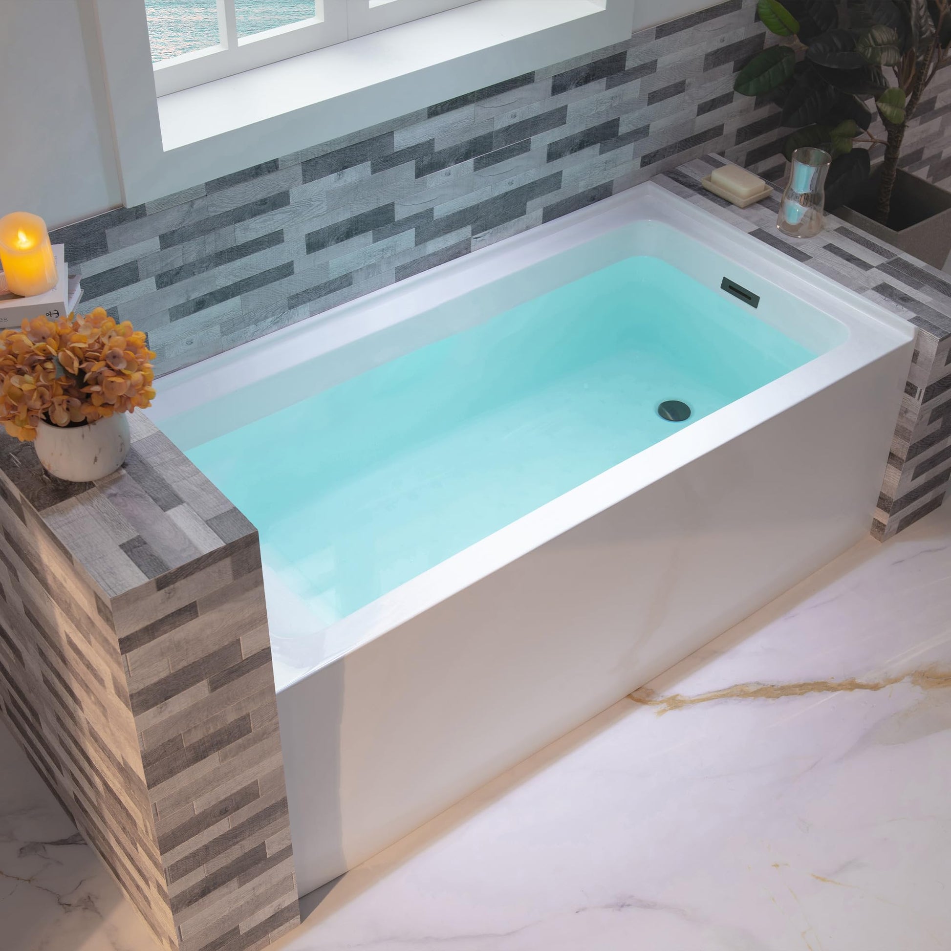 Dark Gray WOODBRIDGE 60" Acrylic Rectangular Alcove Soaking Bathtub in White with Right Drain, Matte Black pop-up Drain Included, LB666-R