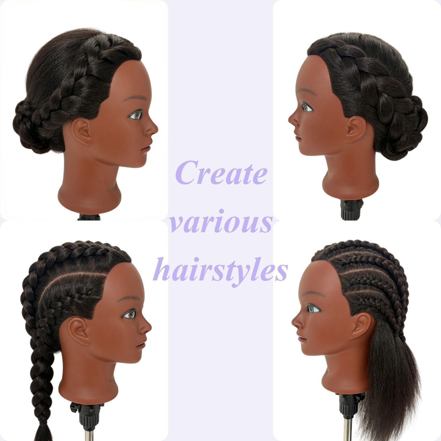 White Smoke 16" Black Mannequin Head for Braiding Practice, Mannequin Head with 100% Real Hair Cosmetology Training Doll Head for Hair Styling Kids