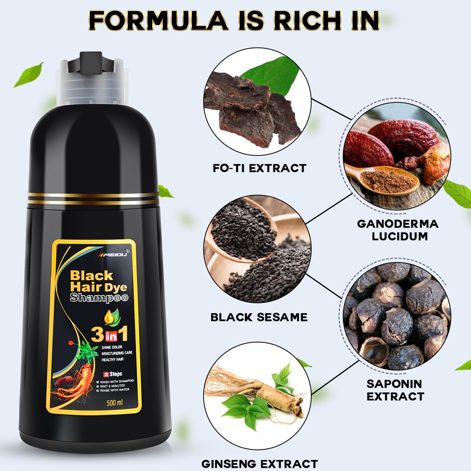 Lavender IIIMEIDU MEIDU Black Hair Dye Shampoo 3 in 1, Shampoo for Color Treated Hair 100% Gray Coverage for Women Men, Natural Herbal Ingredients Champu Para Canas pintar el pelo 500ml