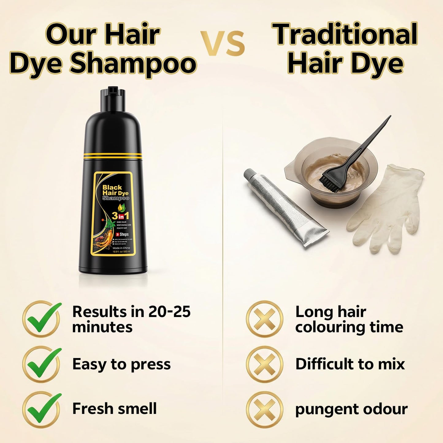 Seashell JUANCHI Black Hair Dye Shampoo 3 in1, Black Shampoo Hair Dye for Gray Coverage, Natural Hair Color for Women Men, Herbal Formula, Ammonia-free