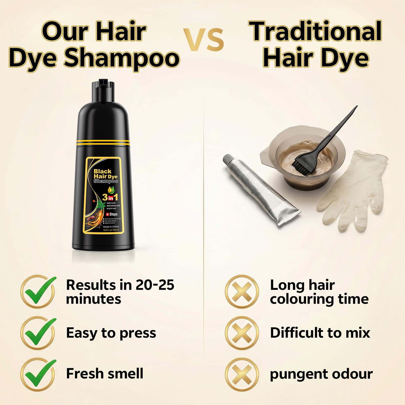 Seashell JUANCHI Black Hair Dye Shampoo 3 in1, Black Shampoo Hair Dye for Gray Coverage, Natural Hair Color for Women Men, Herbal Formula, Ammonia-free