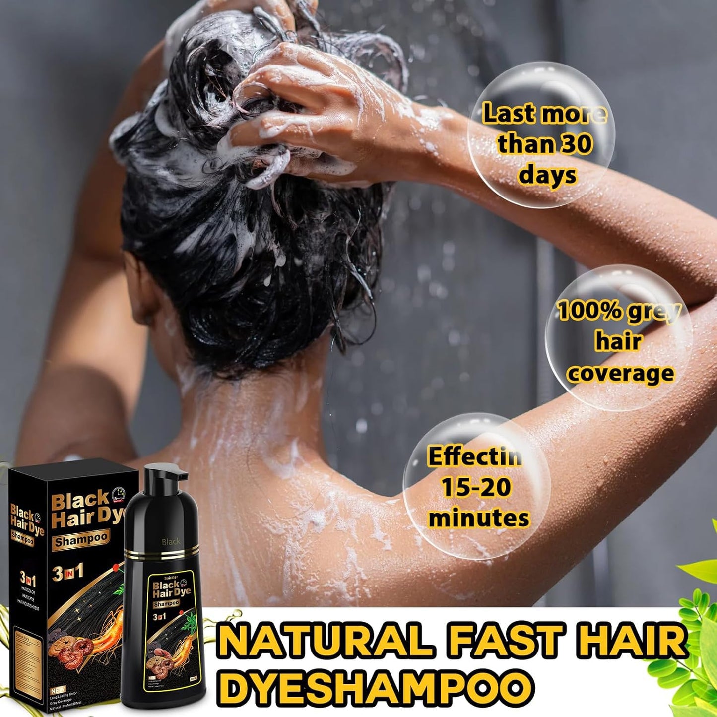 Dim Gray Hair Dye Shampoo 3 in 1 for Gray Hair, Herbal Ingredients Natural Shampoo Hair Dye for Women Men (Black)