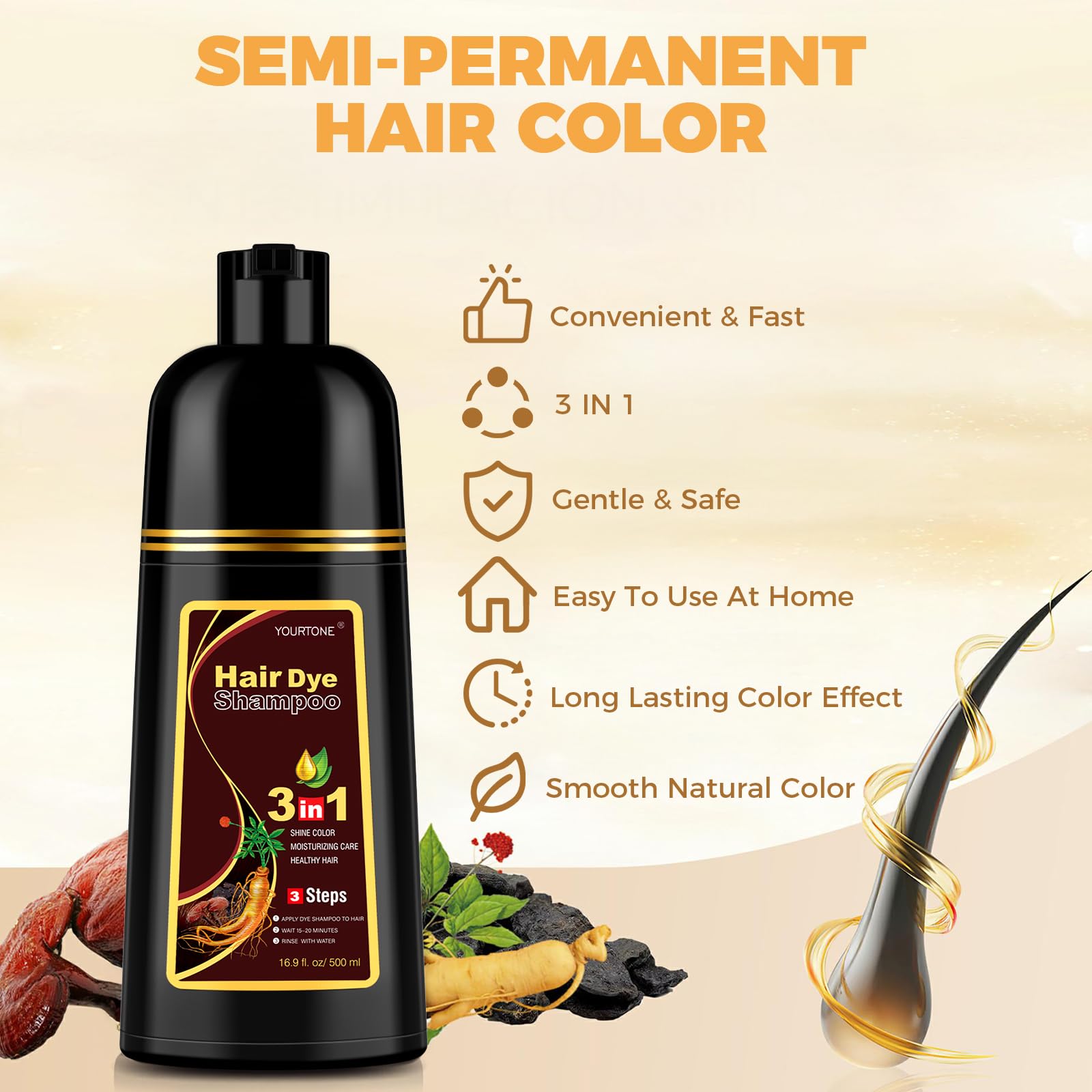 Seashell YOURTONE Dark Brown Hair Dye Shampoo 3 in 1 for Gray Hair Coverage, Hair Color Shampoo for Women Men, Herbal Ingredients Champu Para Pintar el Cabello (16.9 Oz)