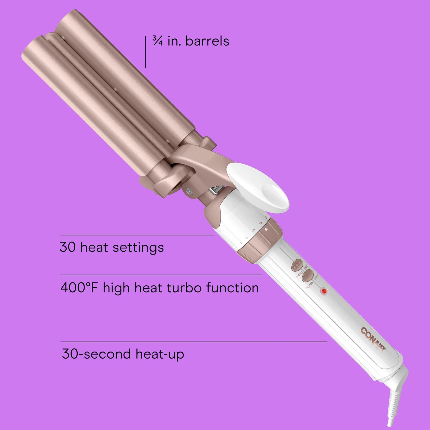 Orchid Conair Double Ceramic 3 Barrel Curling Iron, Triple Barrel Waver Hair Tool Creates Deep, Continuous Waves, Hair Curler for All Hair Lengths, White/Rose Gold