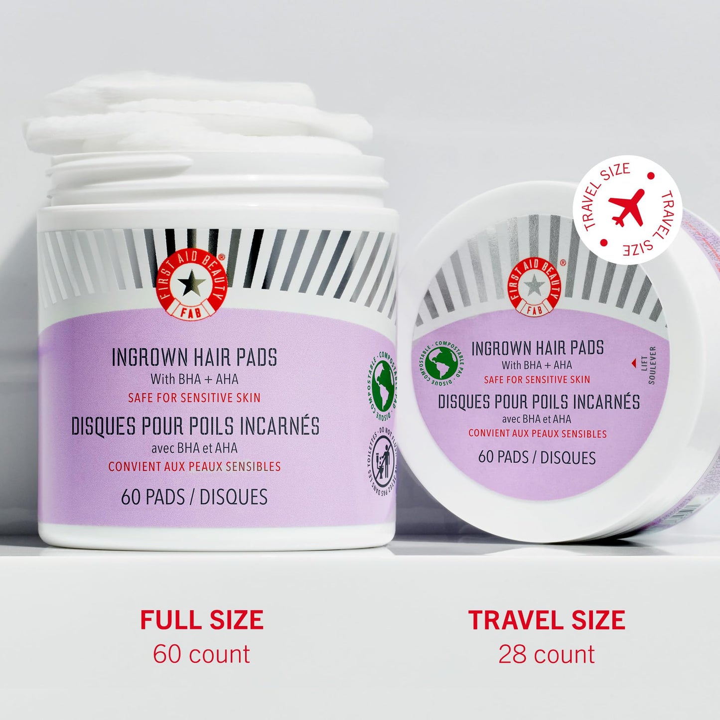 Lavender First Aid Beauty - Ingrown Hair Pads with BHA + AHA - Aftershave Treatment Pads to Help Prevent Razor Bumps for Men & Women - Exfoliate Underarms & Bikini Area - Compostable for Daily Use - 28 Pads