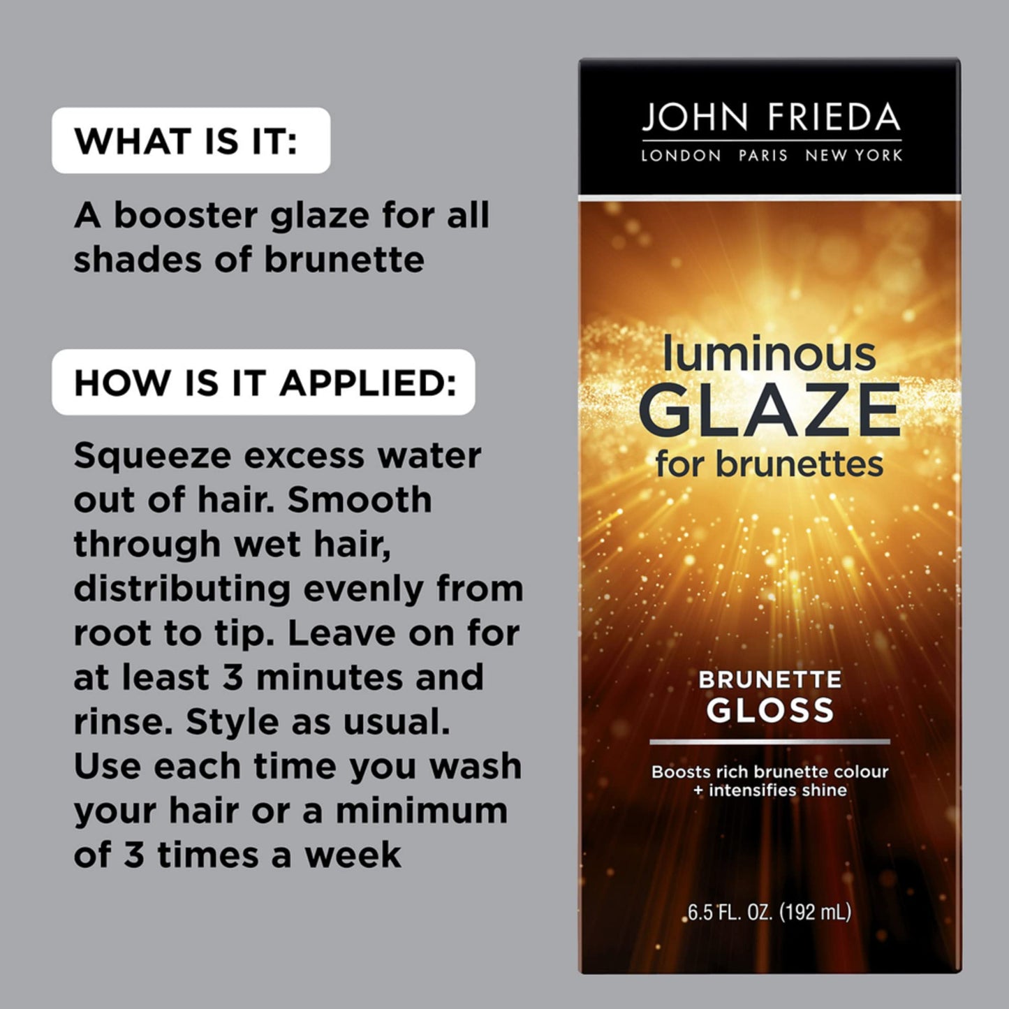 Dark Gray John Frieda Brilliant Brunette Luminous Glaze, Hair Gloss Enhances Rich Color and Boosts Shine for Silky Brunette Hair, Enhances While Mending Damaged Hair Surfaces, 6.5 Oz