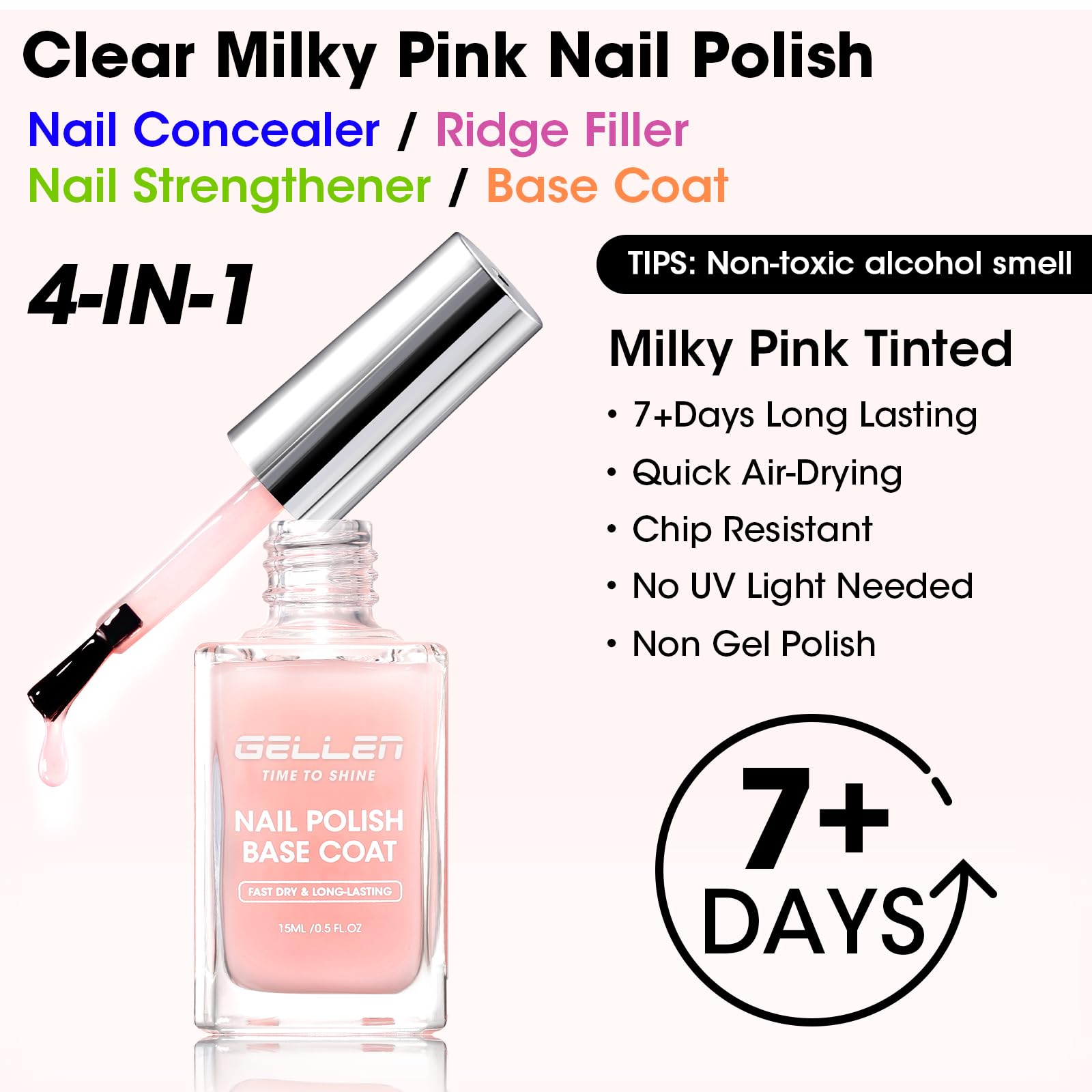 White Smoke GELLEN 4‑in‑1 Clear Nail Polish Base Coat Sheer Tinted Milky Pink, Ridge Filler, Nail Strengthener & Concealer, Calcium Formula Strengthens Nails, Enhances Natural Look, No HEMA, Anti-yellowing