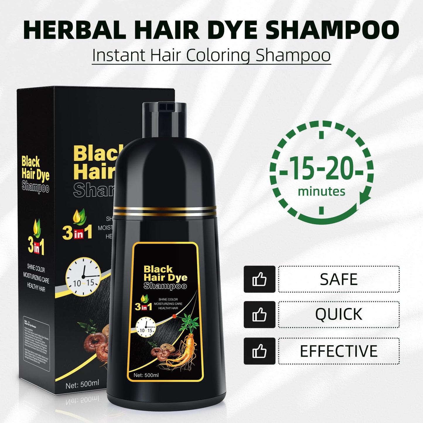 White Smoke Black Hair Dye Shampoo 3 in 1 for Gray Coverag Color Shampoo for Women/Men Instant Herbal Semi Permanent champu para canas